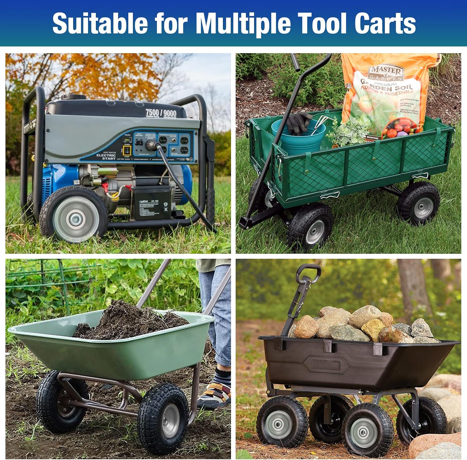 4 Pcs 4.10/3.50-4 Flat Free Tires and Dolly Wheel, 10" Solid Non-inflated Tires Wheels with 5/8 Ball Bearings, 2.24" Offset Hub for Wheelbarrow