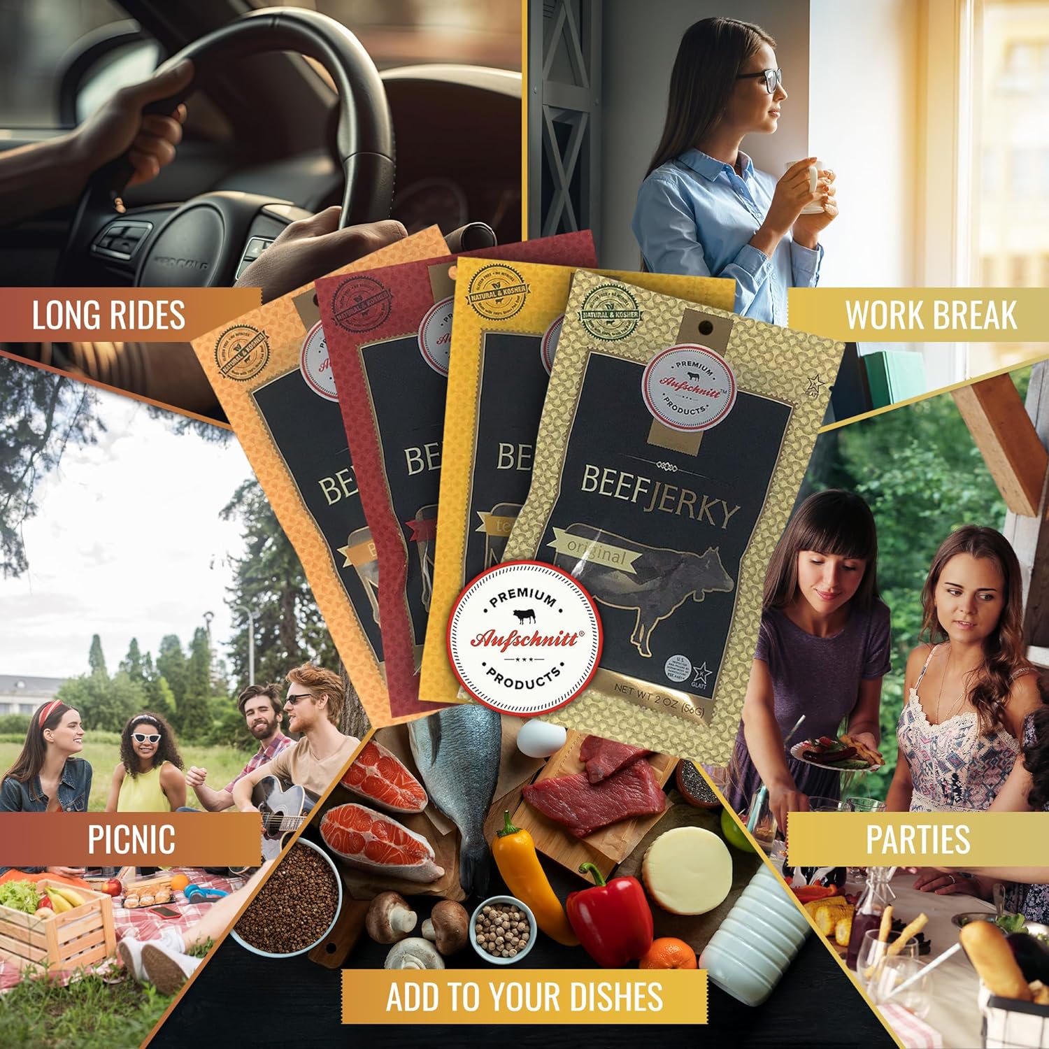 Aufschnitt Grass Fed Beef Jerky - Low Sodium, Certified Kosher - Made in USA - Keto Friendly - 3 Pack, Sweet Variety