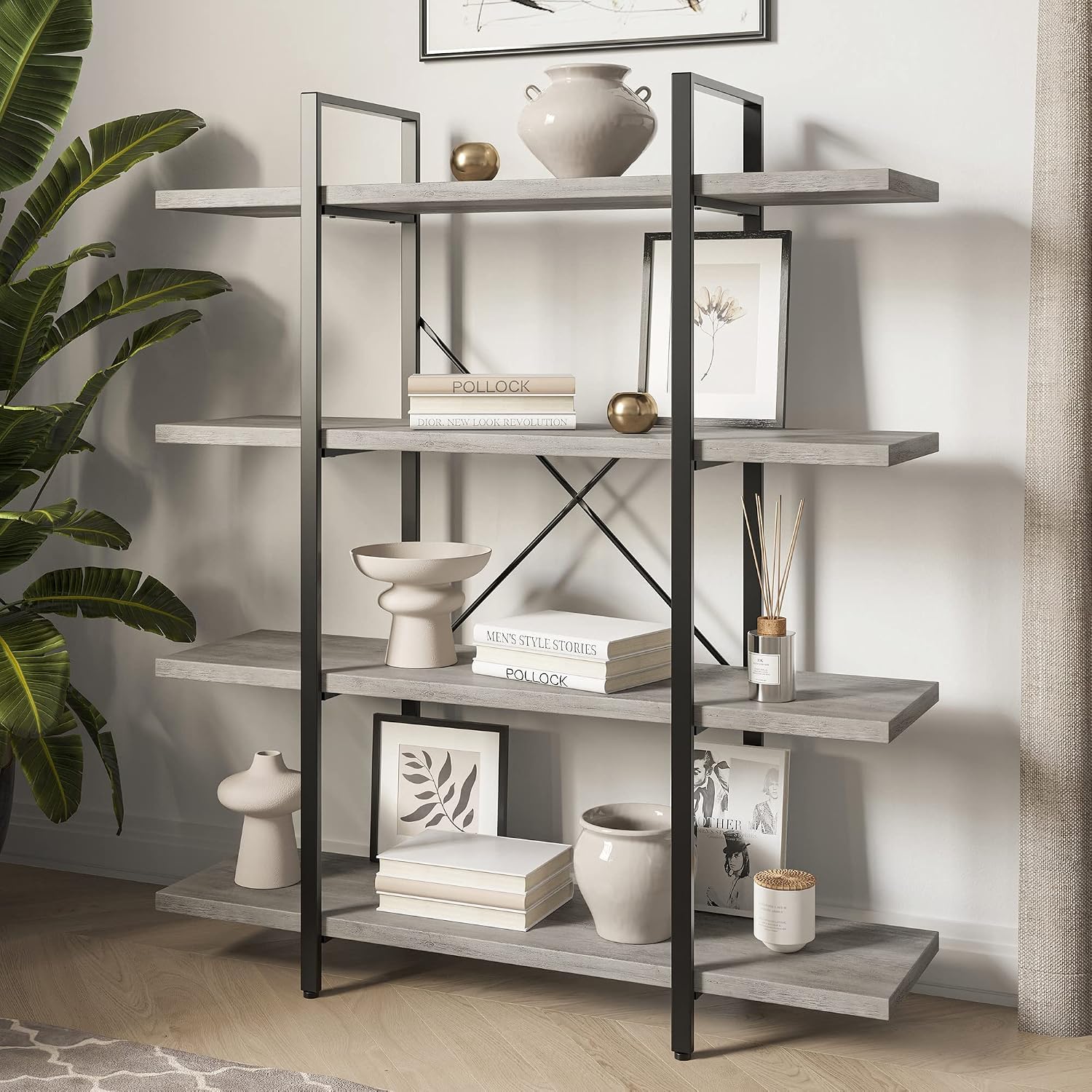 BELLEZE 4 Tier Modern Rustic Industrial Bookshelf, Open Wide Office Etagere Book Shelf