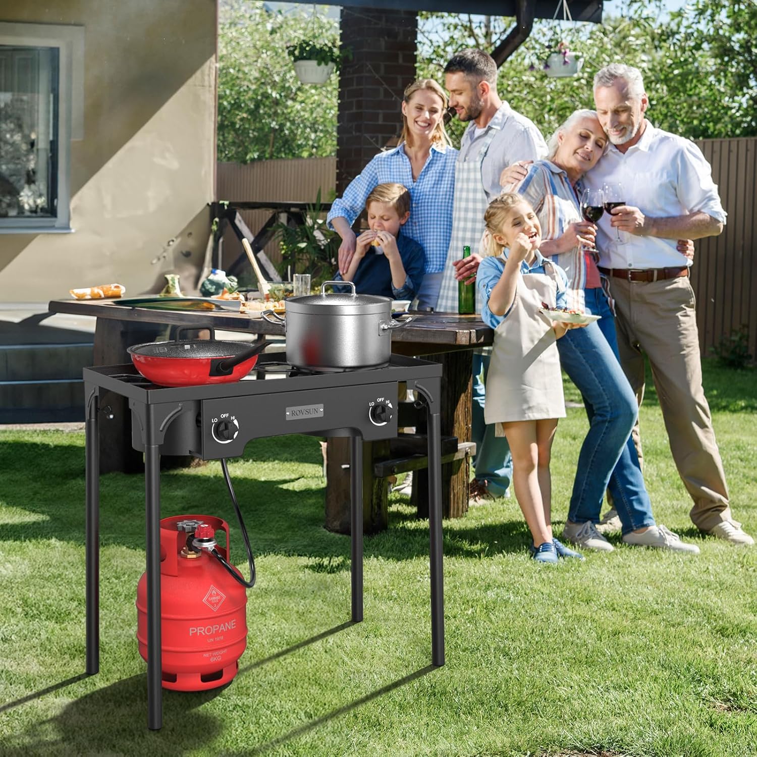 ROVSUN 2 Burner Outdoor Propane Gas Stove with Adjustable Regulator, 150,000 BTU High Pressure Stand Cooker for Backyard Cooking Camping Home Brewing Canning Turkey Frying