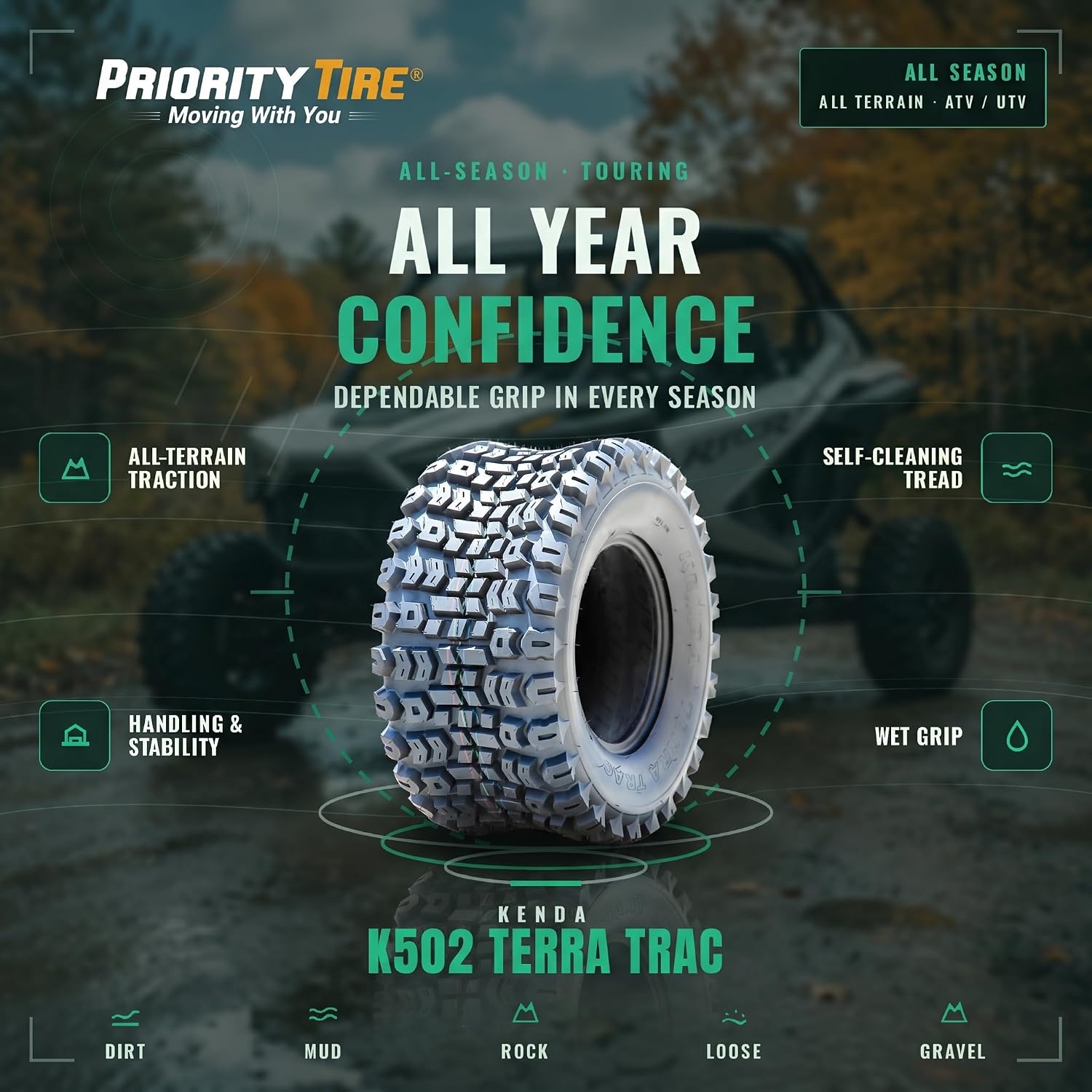 Kenda Terra Trac Front/Rear 6 Ply 22-11.00-10 K502 Lawn & Garden/Turf Tire | ATV & UTV All Terrain All Season Traction 102A3 Rated 6 Ply Bias Construction Black Sidewall Tire