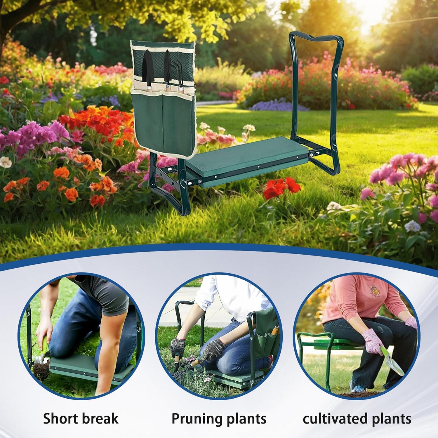 WFLNHB Garden Kneeler and Seat Stool Bench Foldable Kneeler Portable Garden Folding Stool with Tool Pouch and Soft Kneeling Pad