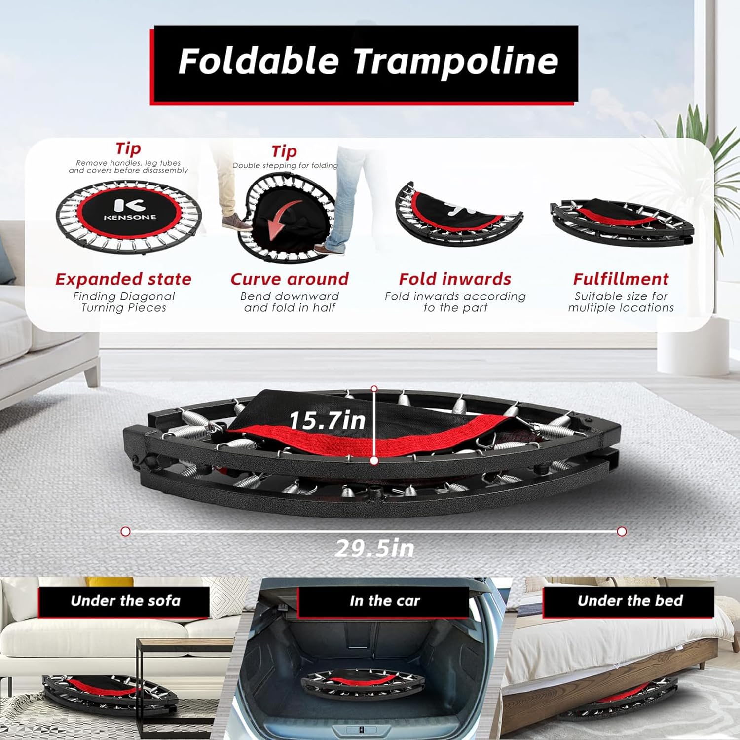 KENSONE 40"/48" Rebounder Trampoline for Adults Indoor Handle 330/450 LBS
