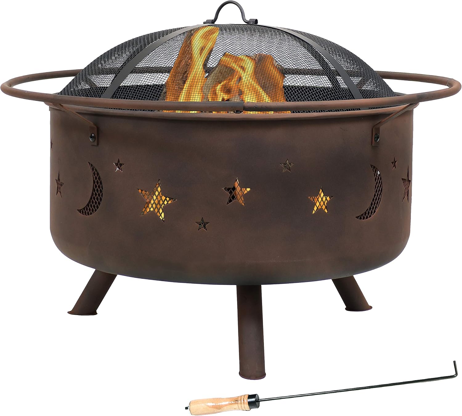 Sunnydaze Cosmic 30" Fire Pit with Cooking Grate for Outside, Wood Burning | Bronze, Heavy Duty Steel Metal, Includes Spark Screen & Poker, Round Outside Firepit for Patio, Deck, Backyard BBQ, Bonfire