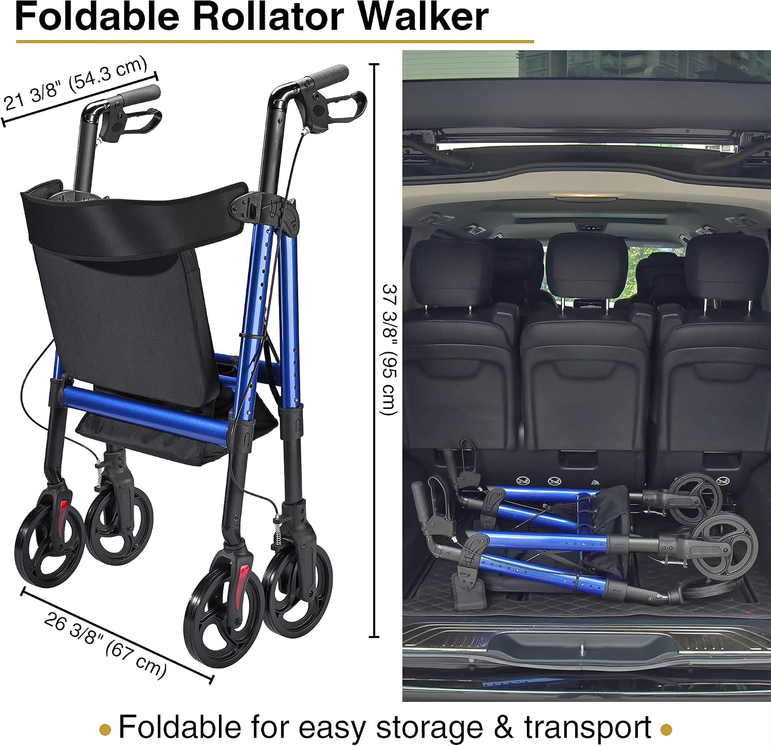 AW Rollator Walker with Seat Foldable, Medical Upright Bariatric Rolling