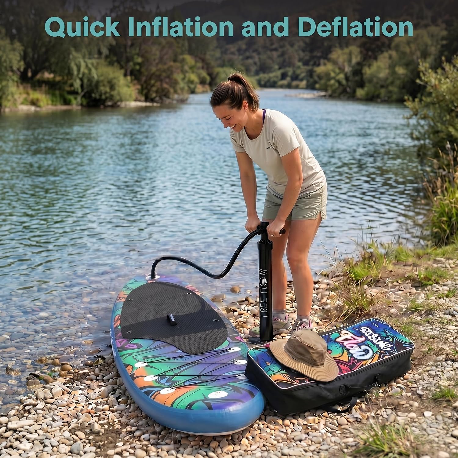 SereneLife 10’6” Inflatable Stand Up Paddle Board with Premium SUP Accessories - 32” Wide Stable Design with Non-Slip EVA Deck Pad