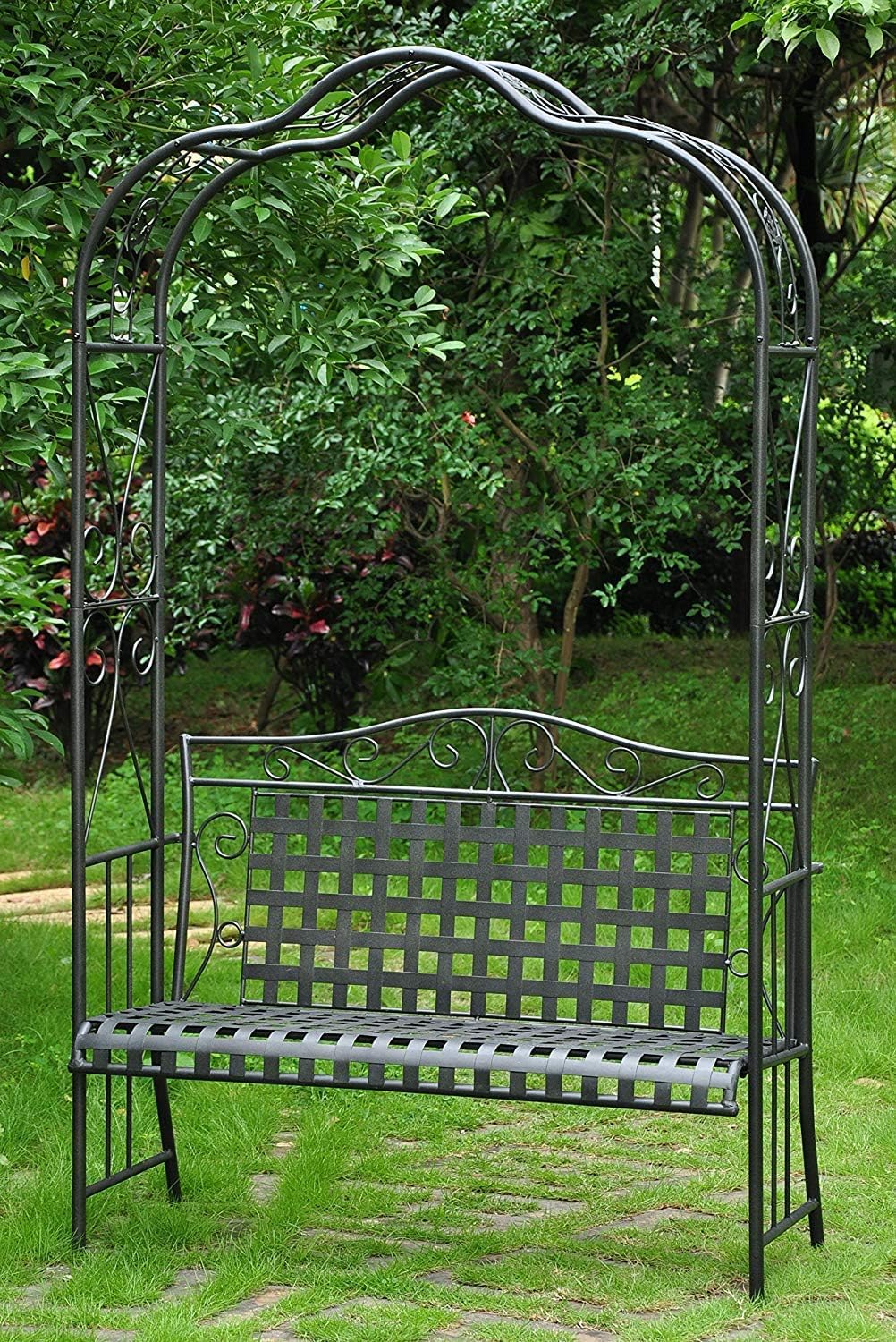 Pemberly Row Iron Patio Arbor Bench, 87" H x 51.5" W x 20" D, Antique Black Dual Powder Coated Finish, Weather Resistant, UV Protected, Easy Assembly