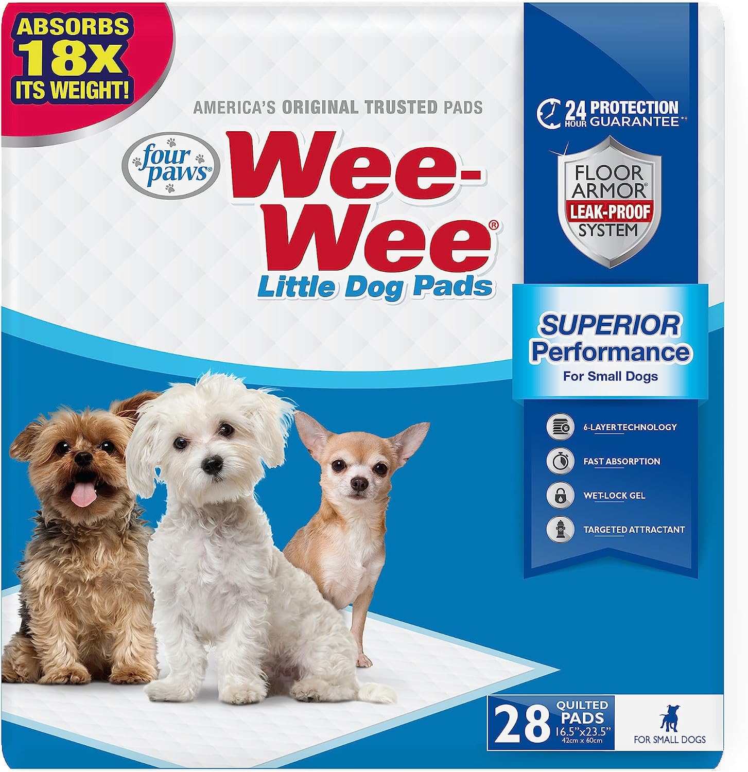 Four Paws Wee-Wee Superior Performance Little Dog Pee Pads, 28 Count | Quilted leak-proof puppy pads, dog housebreaking & potty training