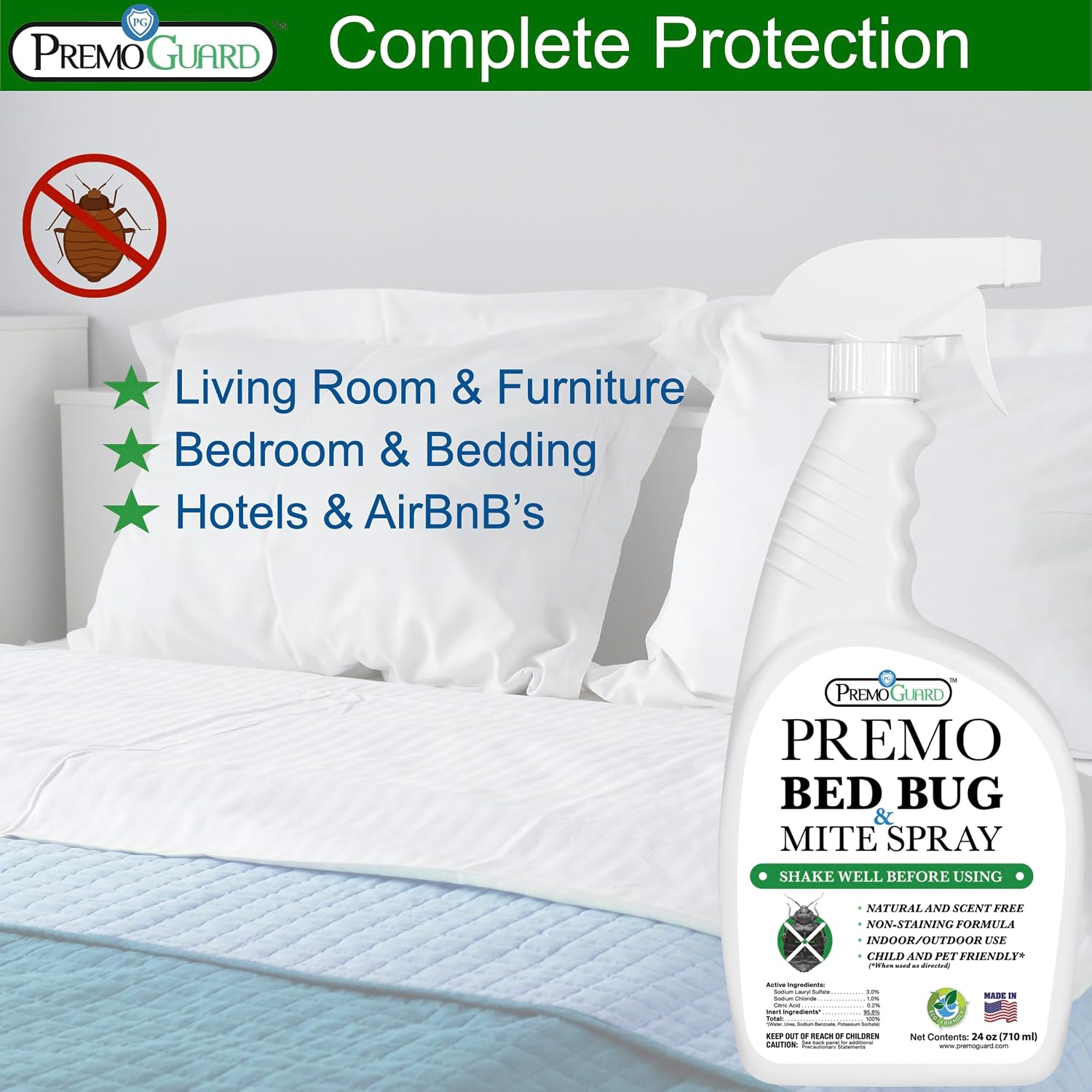 Premo Guard Bed Bug & Mite Killer Spray – University Tested 100% Kill Rate | Natural, Safe for Bedding, Furniture, Fabrics, and Clothing, Non Toxic, Stain & Scent Free, Child & Pet Safe