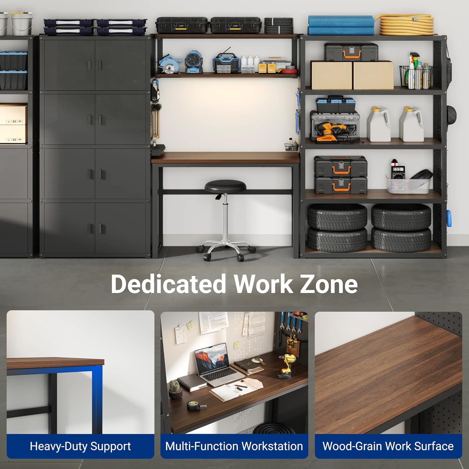 FLEXIMOUNTS 117"W Modular Garage Storage Cabinet with Workbench, Black | 6 Doors, 3700lbs capacity, Metal board shelf includes pegboard, 3-in-1 metal tool cabinet, 24-gauge steel, FLEXIMOD Series