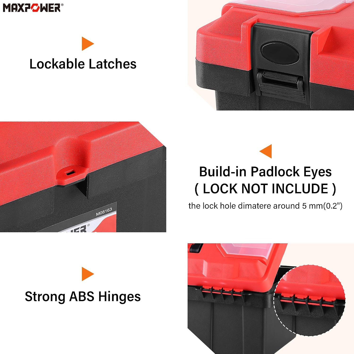 MAXPOWER Small Tool Box, 14-inch Plastic Tool Boxes with Handle | Removable Tray with Dual Lock Secured, Red Toolbox for Home
