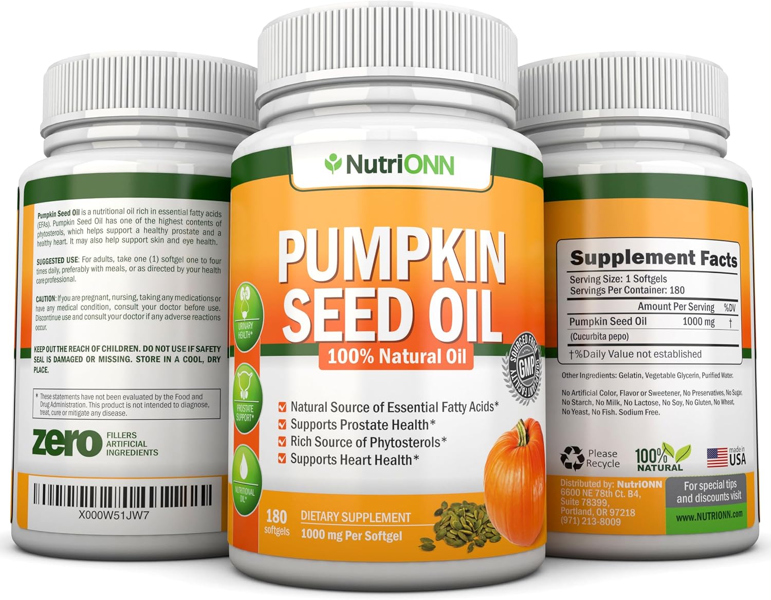 NutriONN Pumpkin Seed Oil - 1000MG - 180 Softgels - Cold-Pressed Natural Pumpkin Seed Oil - Natural Source of Essential Fatty Acids - Great for Hair