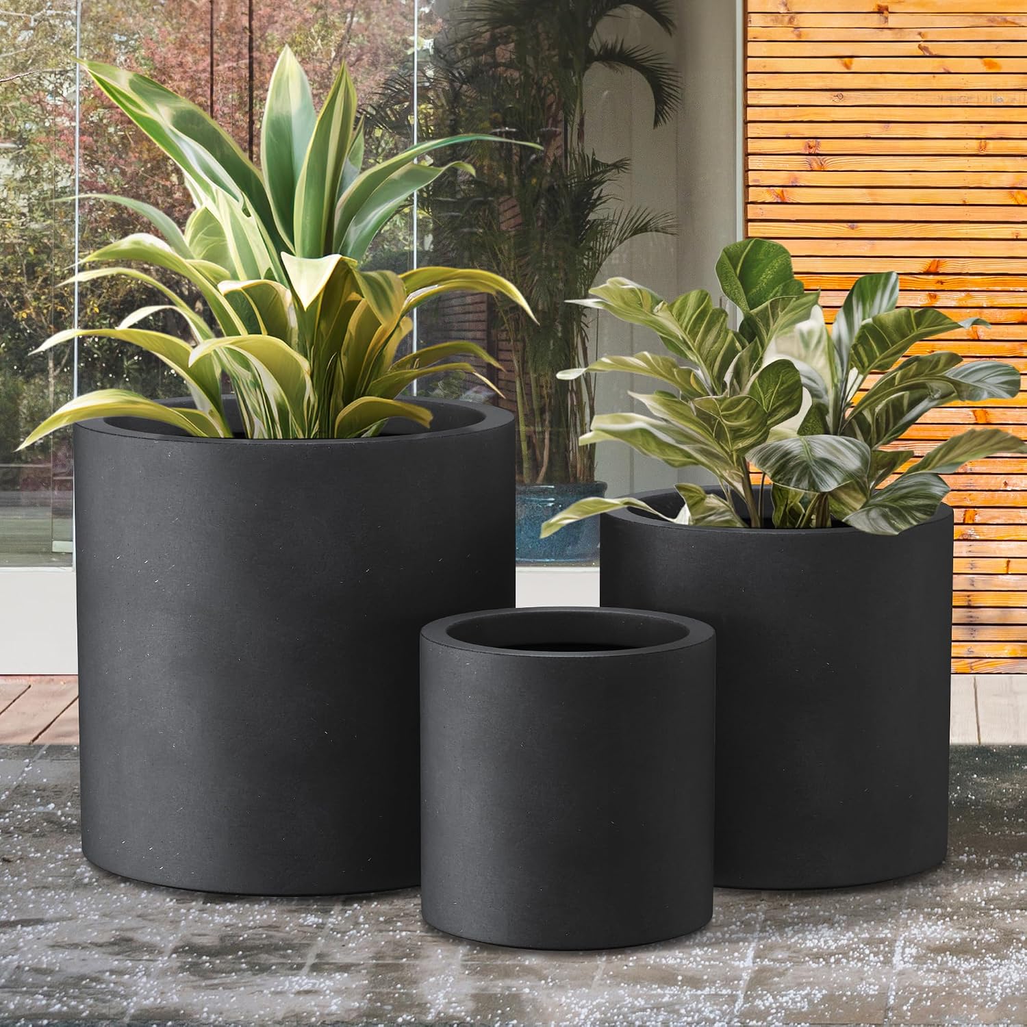 Kante Large Round Cylinder Charcoal Concrete Planter 15.8" Tall, Outdoor