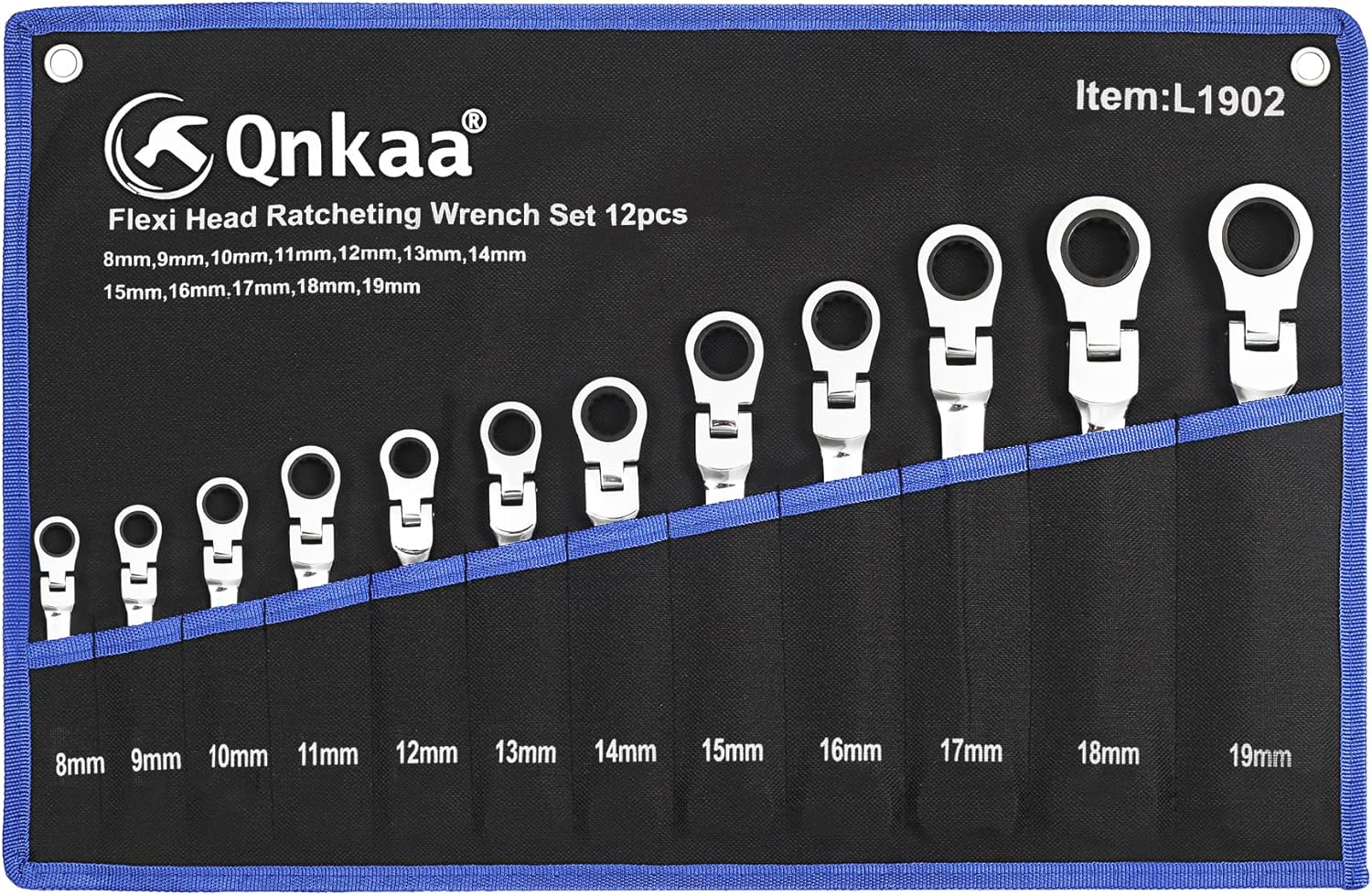 Qnkaa Flexible Ratchet Wrench Set 12pcs 8-19mm Spanner Gear Ring Ratcheting Combination Flexi Wrench Kit Metric Flex Head