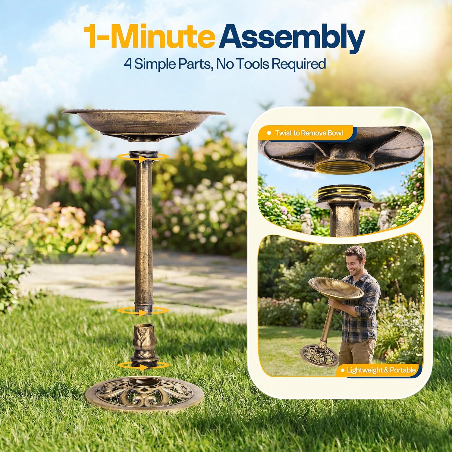 VIVOHOME Bird Bath for Outside, Polyresin Pedestal Birdbath, Green | Weather-Resistant, 20-Inch Bowl, 28-Inch Height, for Outdoor/Garden, Bird-Friendly, Easy to Clean