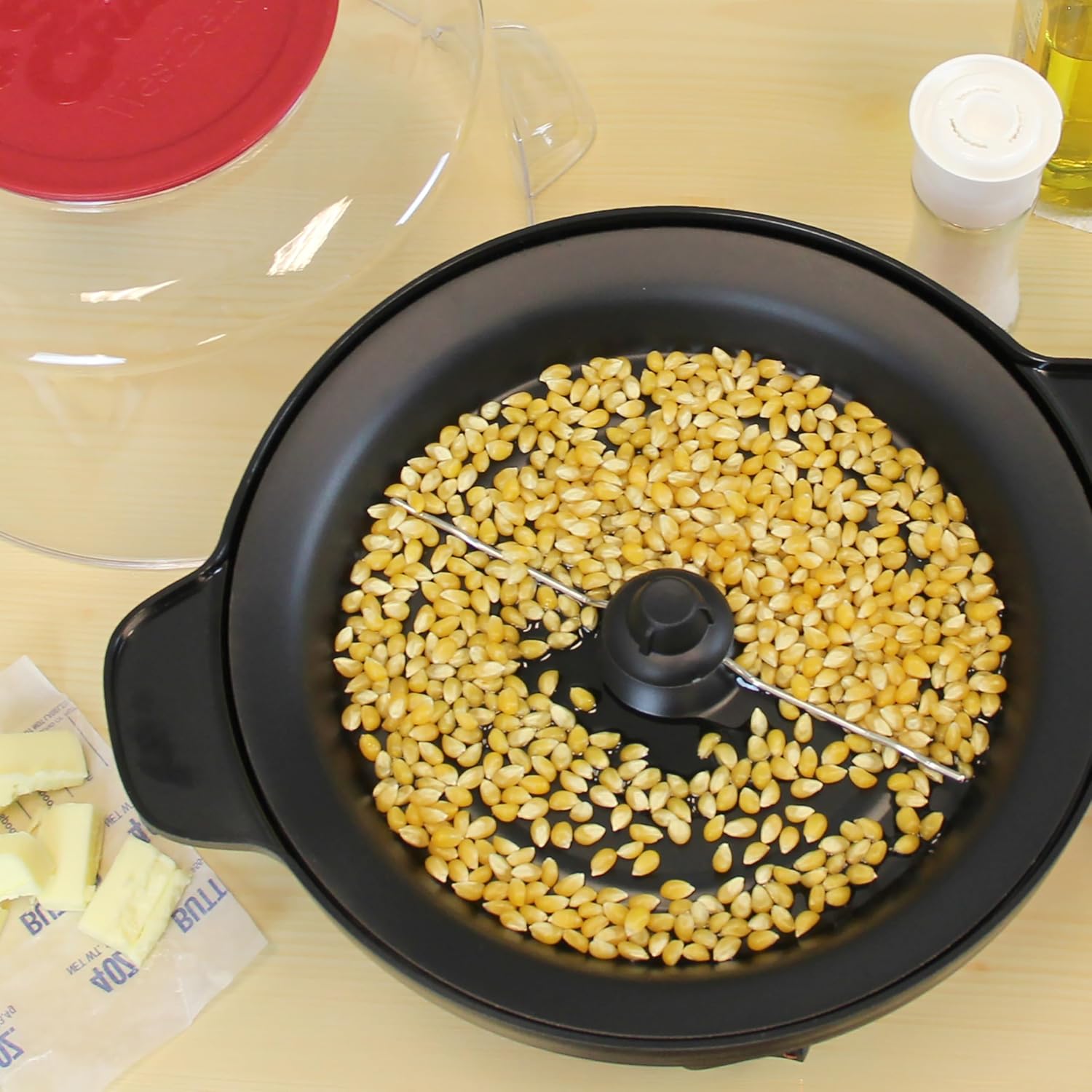 West Bend Stir Crazy Hot Oil Popcorn Popper, Popcorn Maker Machine with Large Serving Bowl Lid and Stirring Rod Perfect for Movie Night Snack Time or Parties, 6-Quart, Red