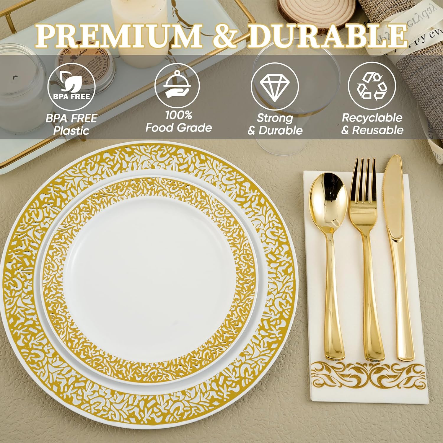 FOCUSLINE 175 Pieces Rose Gold Disposable Dinnerware Set for 25 Guests