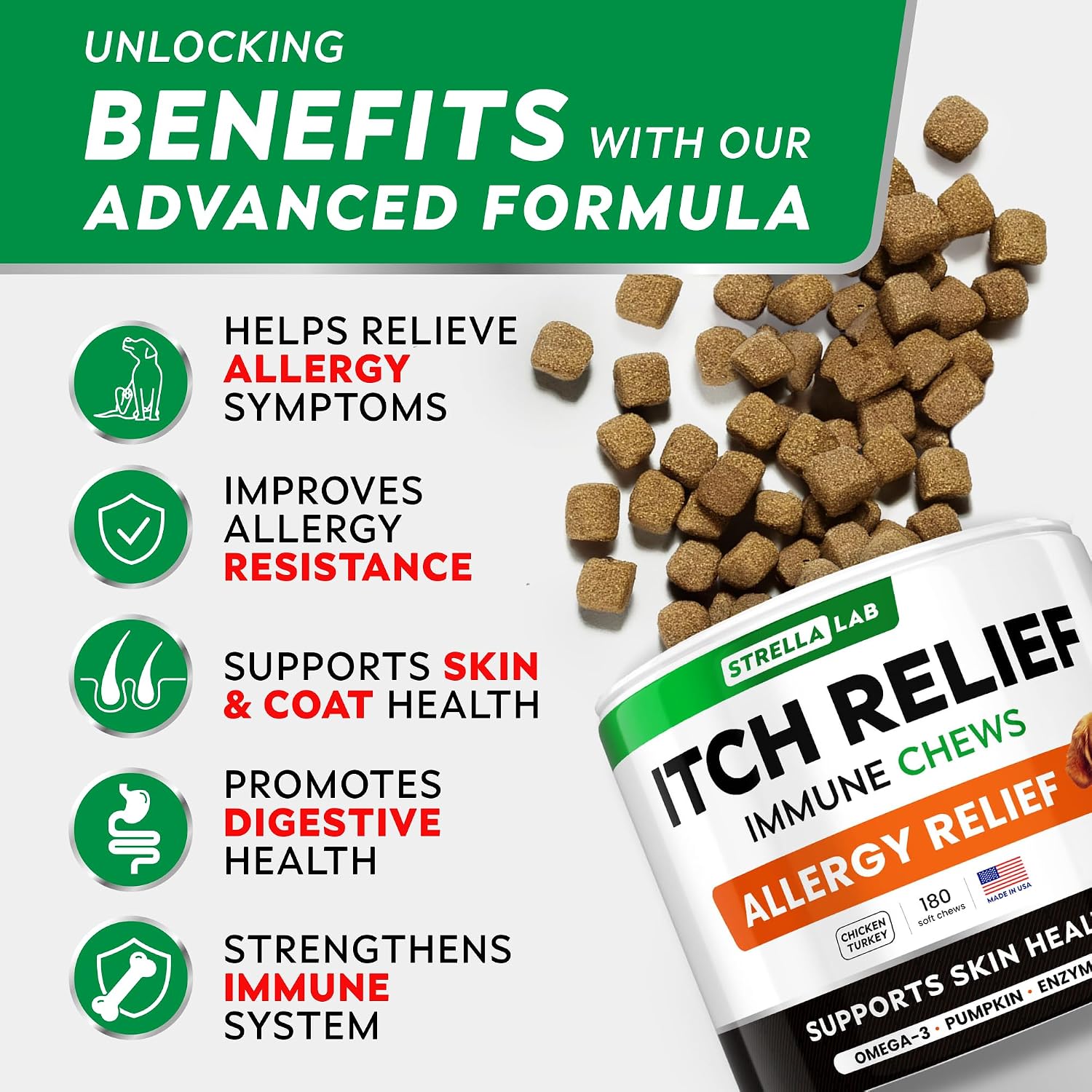 Dog Allergy & Itching Relief - Anti Itch, Skin&Coat Support Chews w/Omega 3