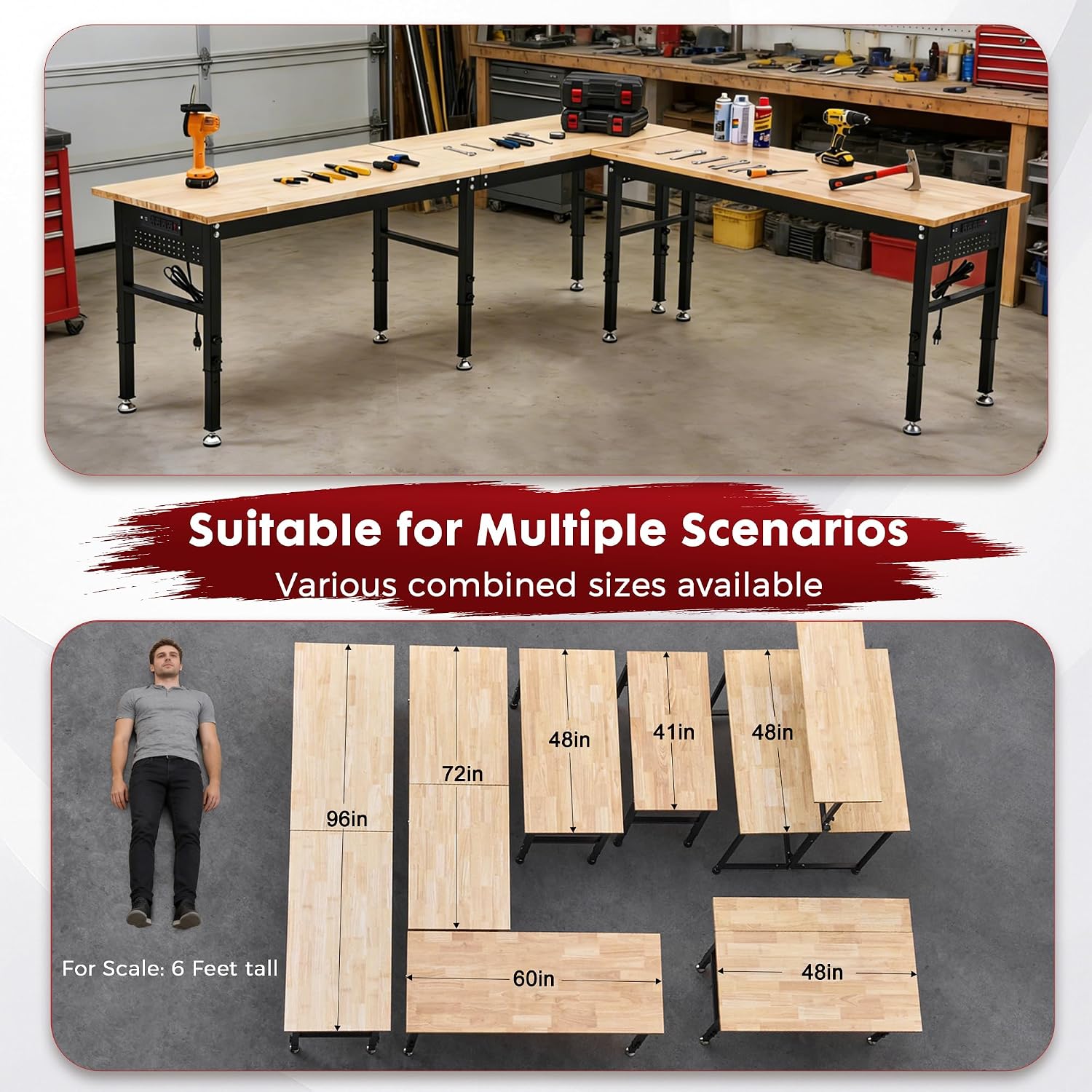 48" Adjustable Rubberwood Workbench with Foldable Extension Board & Power Outlet, Extra Large 48x32In 9-Level Height 27"-37", 2000 LBS Heavy Duty for Workshop Garage Office Home