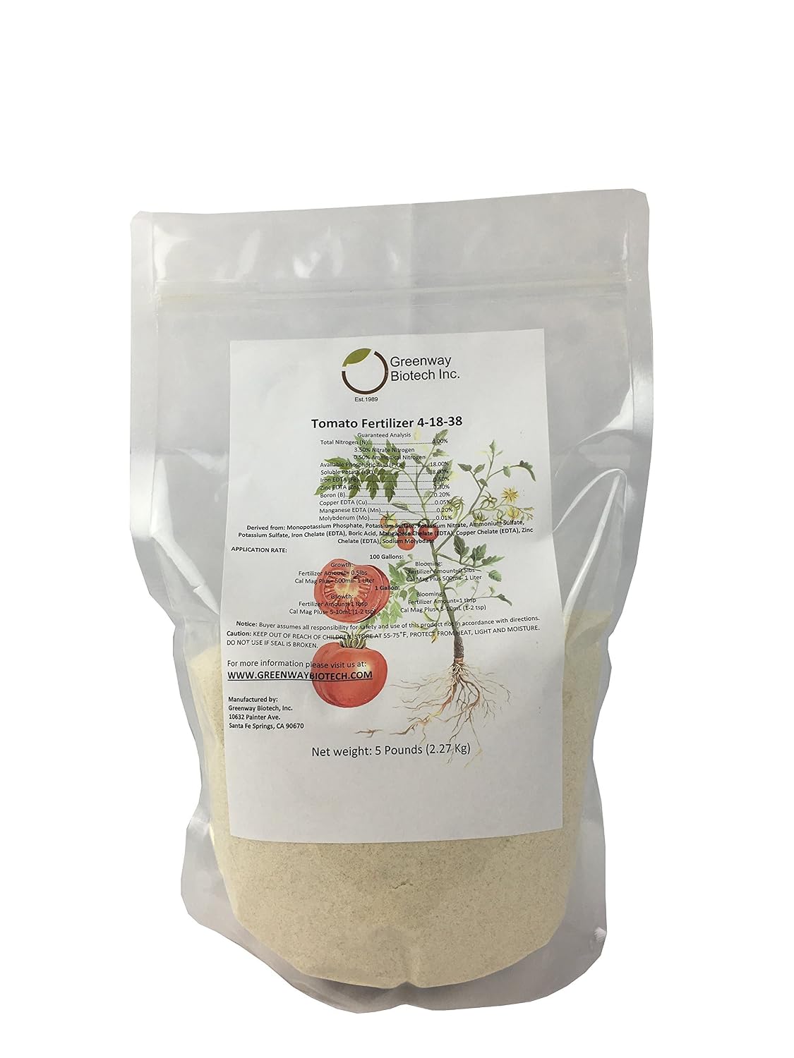 Greenway Biotech, Inc. Tomato Fertilizer 4-18-38 Powder - Water Soluble with Chelated Micronutrients for Tomatoes Peppers Eggplant - Bigger Fruit Better Flavor - Hydroponics or Soil - 5 LB