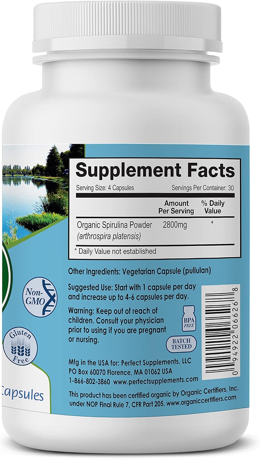 Perfect Supplements – Perfect Spirulina – 120 Vegetable Capsules – Organic Spirulina Supplement - Whole Food Micro Algae - Immune System Support