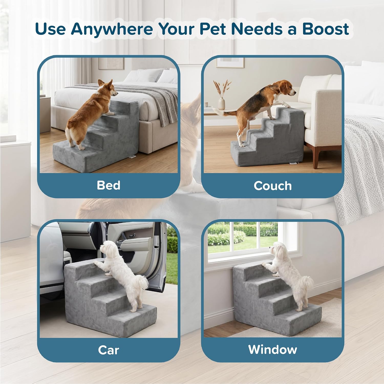 3-Step Pet Stairs - Nonslip Foam Dog and Cat Steps with Removable Zippered Microfiber Cover - 2-Tone Design for Home or Vehicle Use by PETMAKER (Tan) | 3-Step Pet Steps for High Bed and Couch - Pet Stairs with Nonslip Bottom, High-Density Foam, and Remov…