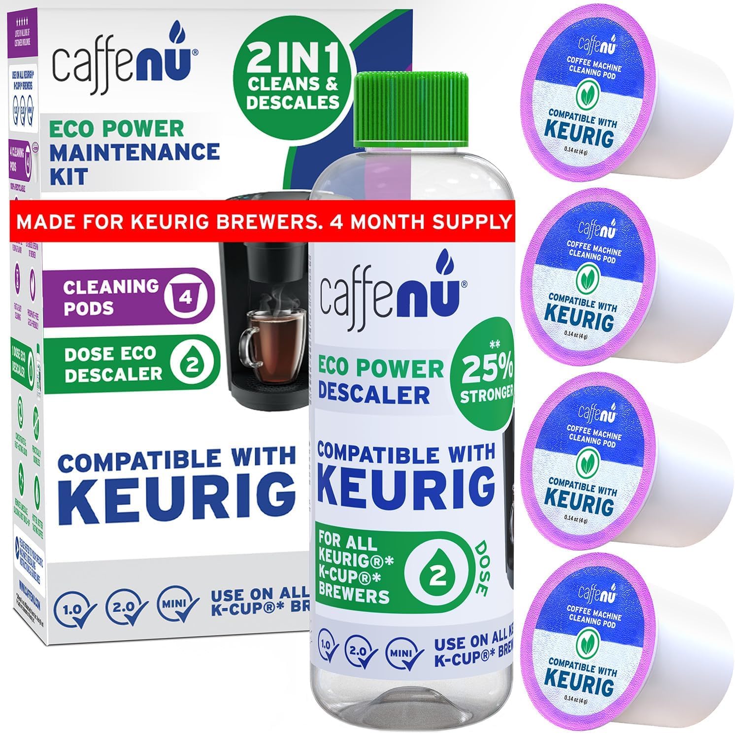 Caffenu Keurig Compatible Descaling Solution and Cleaning Pods Kit, 4 Uses | Descaler & Cleaner for Keurig