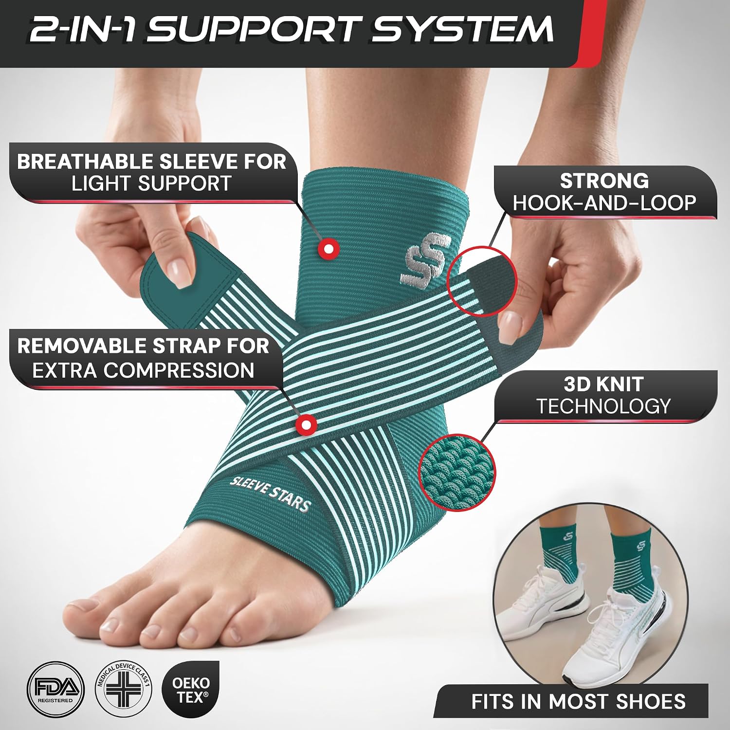 Sleeve Stars Ankle Brace for Women & Men, Ankle Wrap for Sprain, Compression Sleeve for Plantar Fasciitis Relief, Easy Customizable Support: w/ Removable Strap (Single/M:10"-12"/Black)