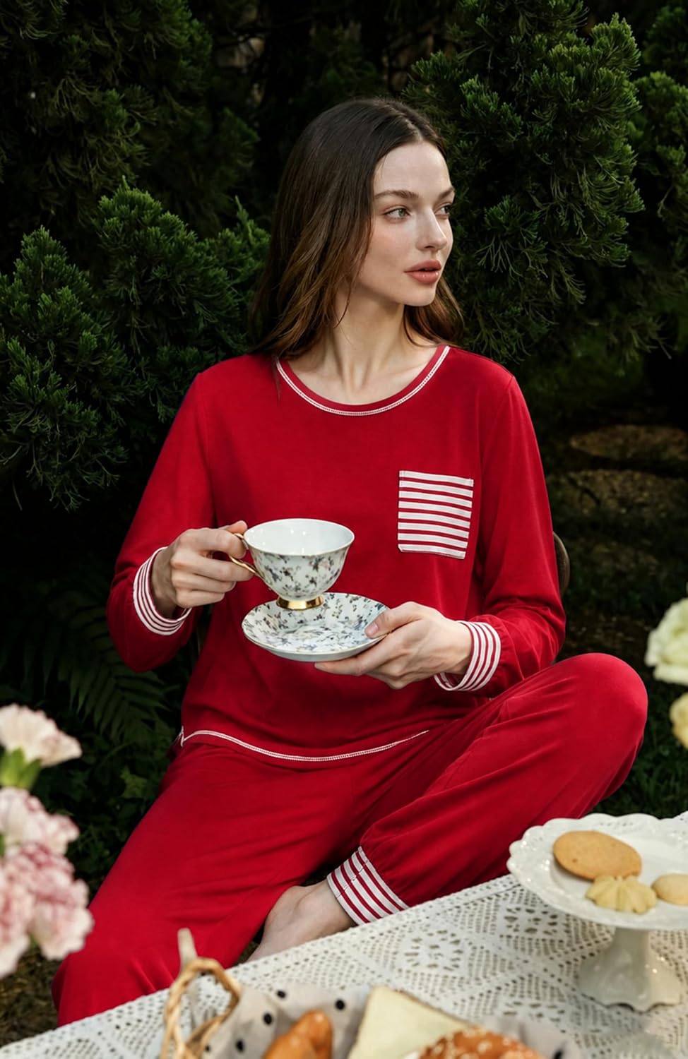 SWOMOG Women’s Pajamas Set Long Sleeve Sleepwear with Long Pants Soft Modal Loungewear Pj Set