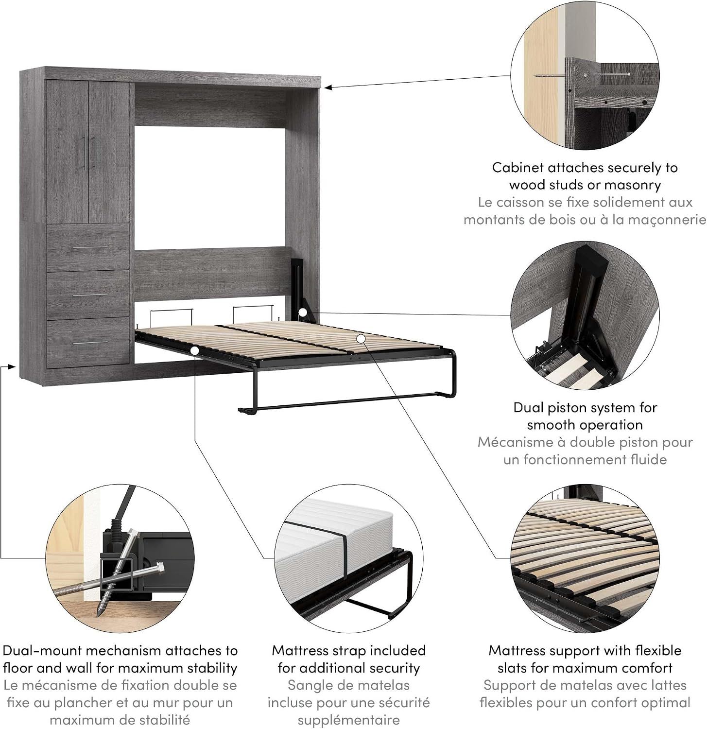 Bestar Nebula Full Murphy Bed with Wardrobe (84W) in Bark Gray, Sleeping Arrangement and Closet Organizer for Multipurpose Room | Wardrobe