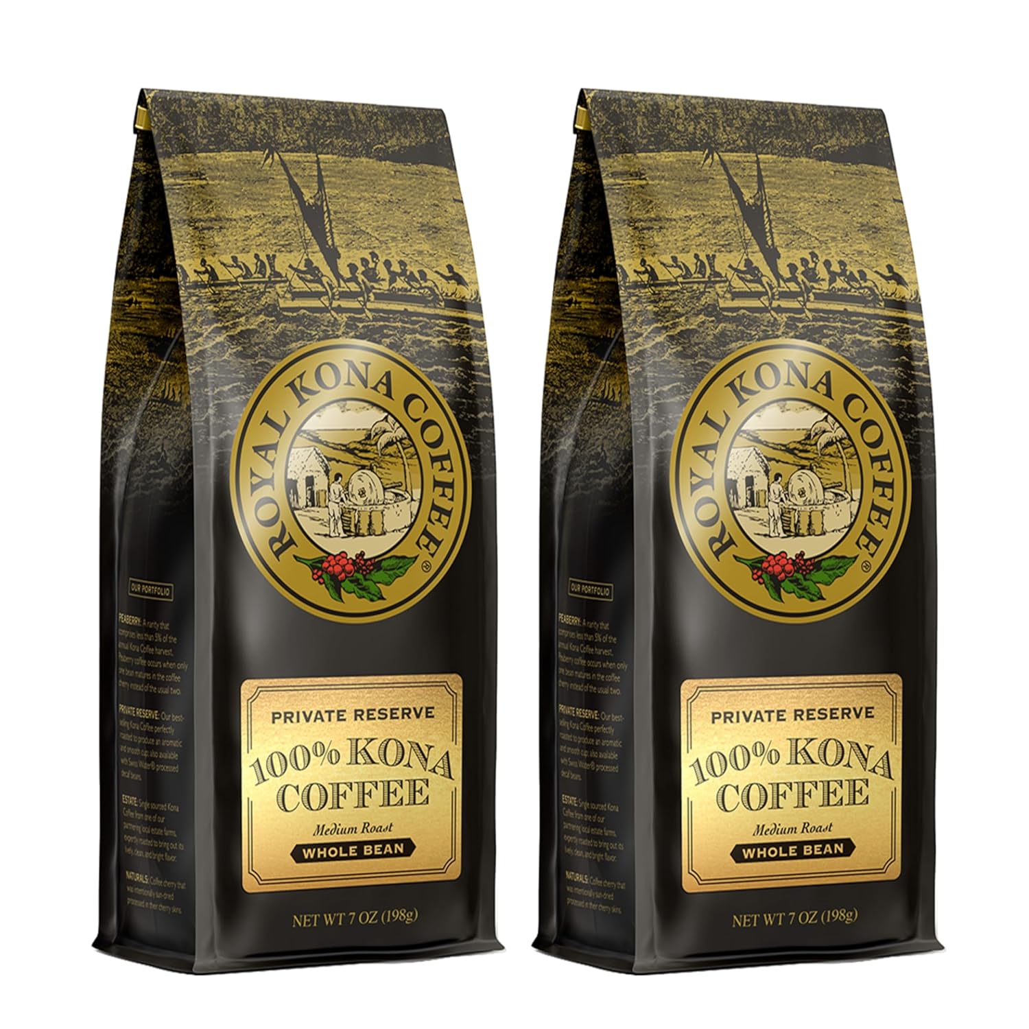ROYAL KONA COFFEE Whole Bean - 100% Hawaiian Kona Coffee, Private Reserve, Medium Roast, (Pack of 2)