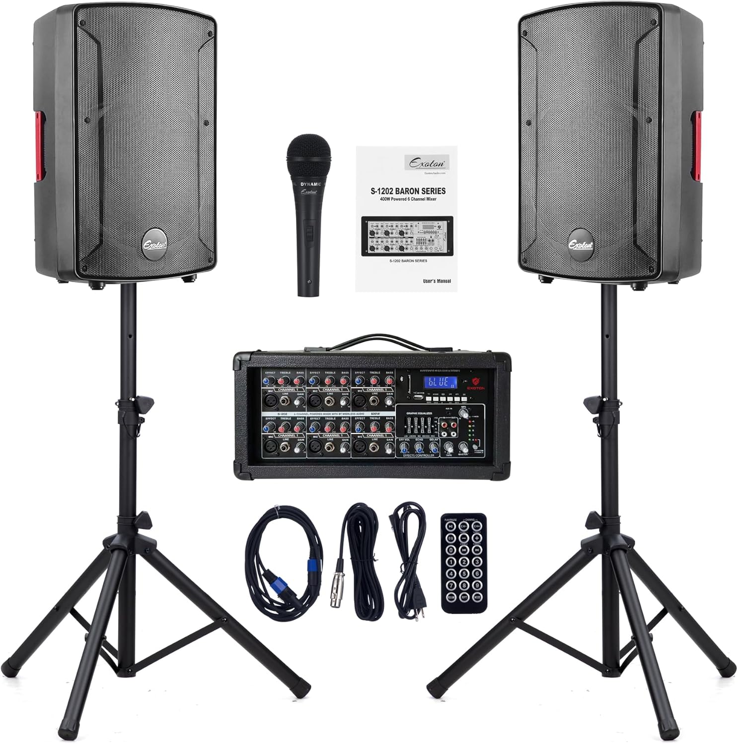S-1202 12inch 2000W Bluetooth PA System with Powered Mixer Set | Passive Speakers with 6 Channel Mixer /Stands /Mic/ Effect Controller/ 48V Phantom