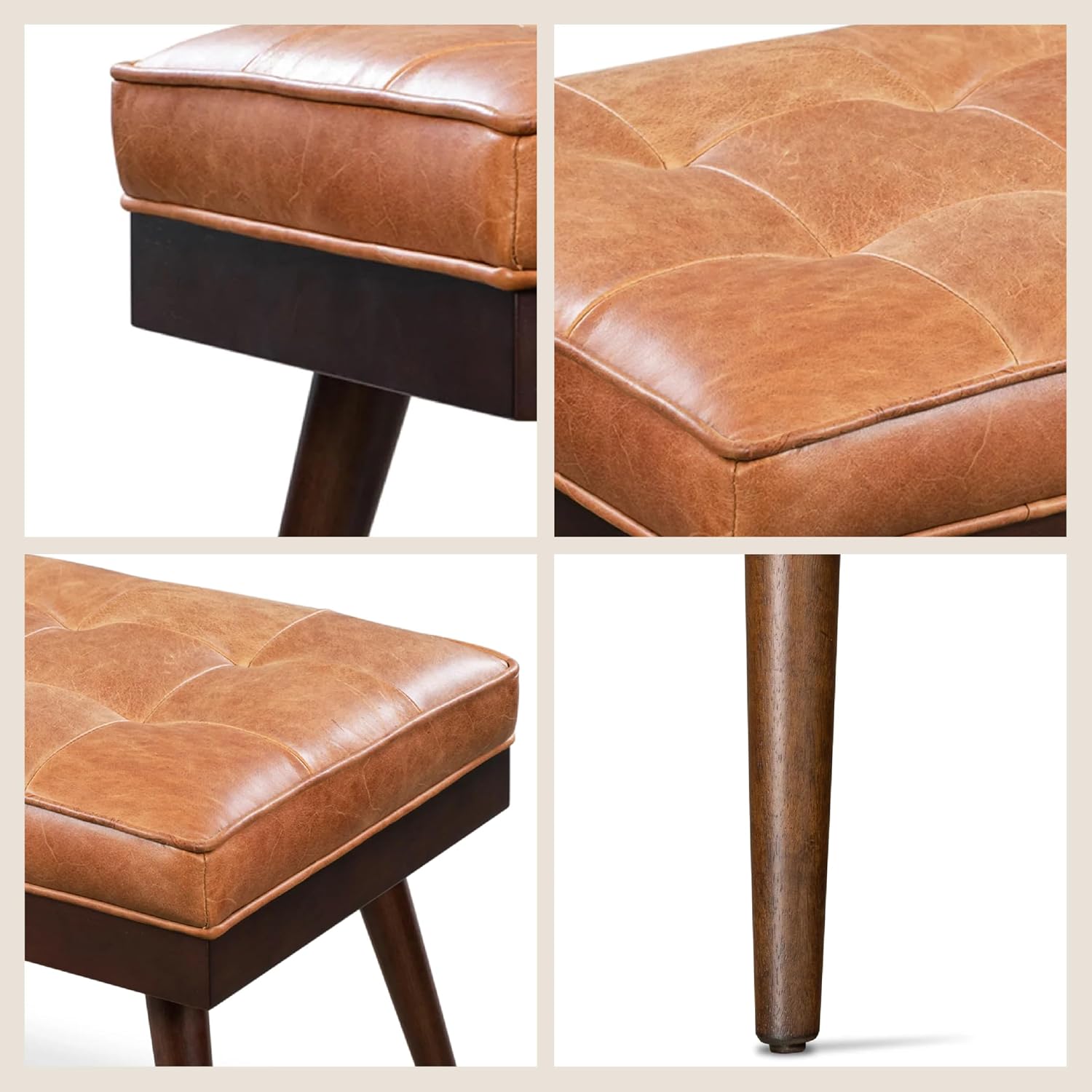 Poly & BARK 55" Tufted Leather Bed Bench for Bedroom End of Bed - Living Room Entry Way Bench - Pure Italian Leather Upholstery with a Solid Wood Frame - Ottoman Bench with Wooden Legs - Cognac Tan