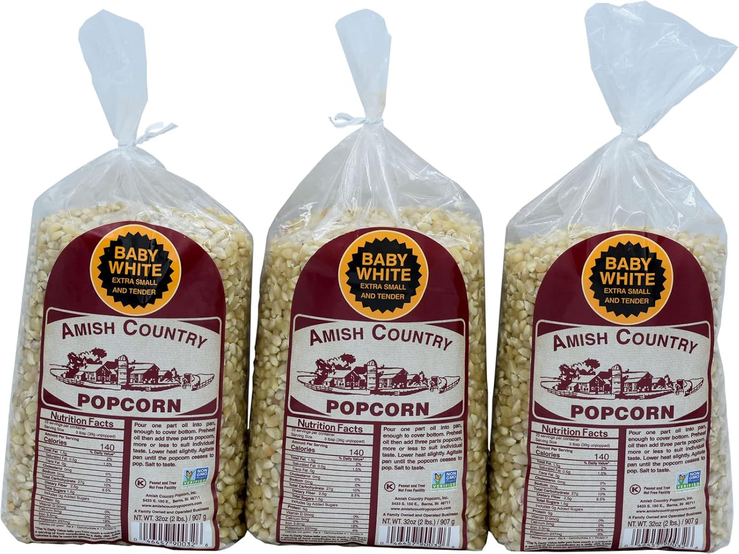 Amish Country Popcorn | 2 lb Bag | Baby White Popcorn Kernels | Small and Tender | Old Fashioned, Non-GMO and Gluten Free (Baby White - 2 lb Bag)