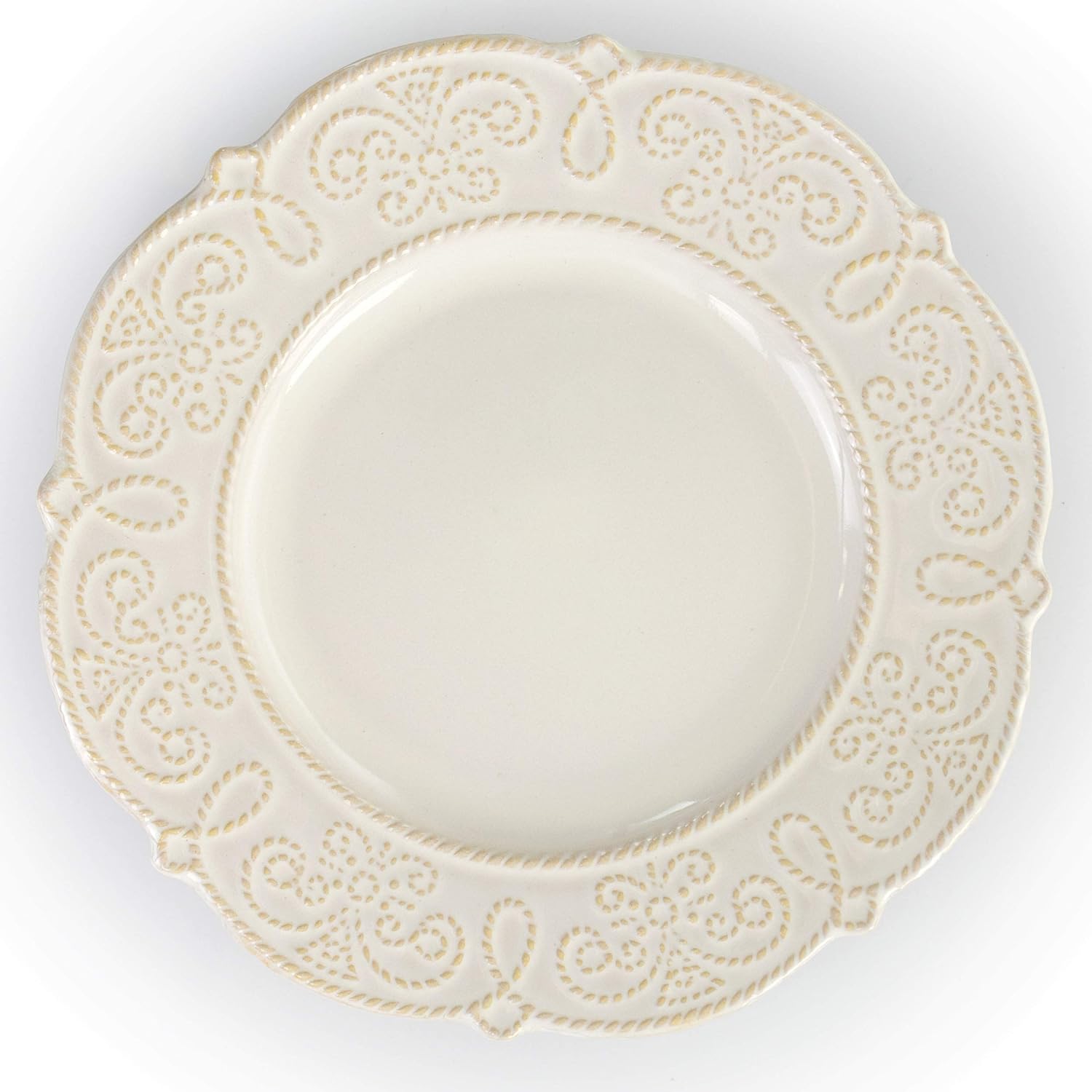 Elama Round Decorated Stoneware Scallop Embossed Dinnerware Dish Set, 16 Piece, Luna