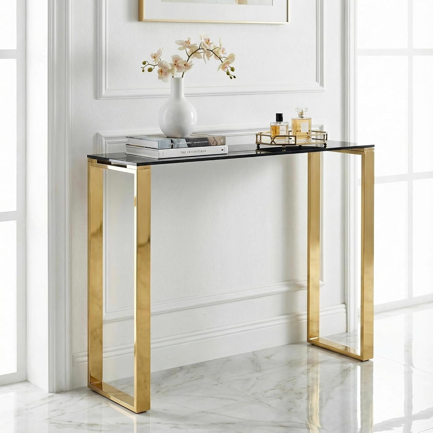 Cortesi Home CH-ET636045 Remini End Table, Gold Metal and Black Glass, End Table 18"