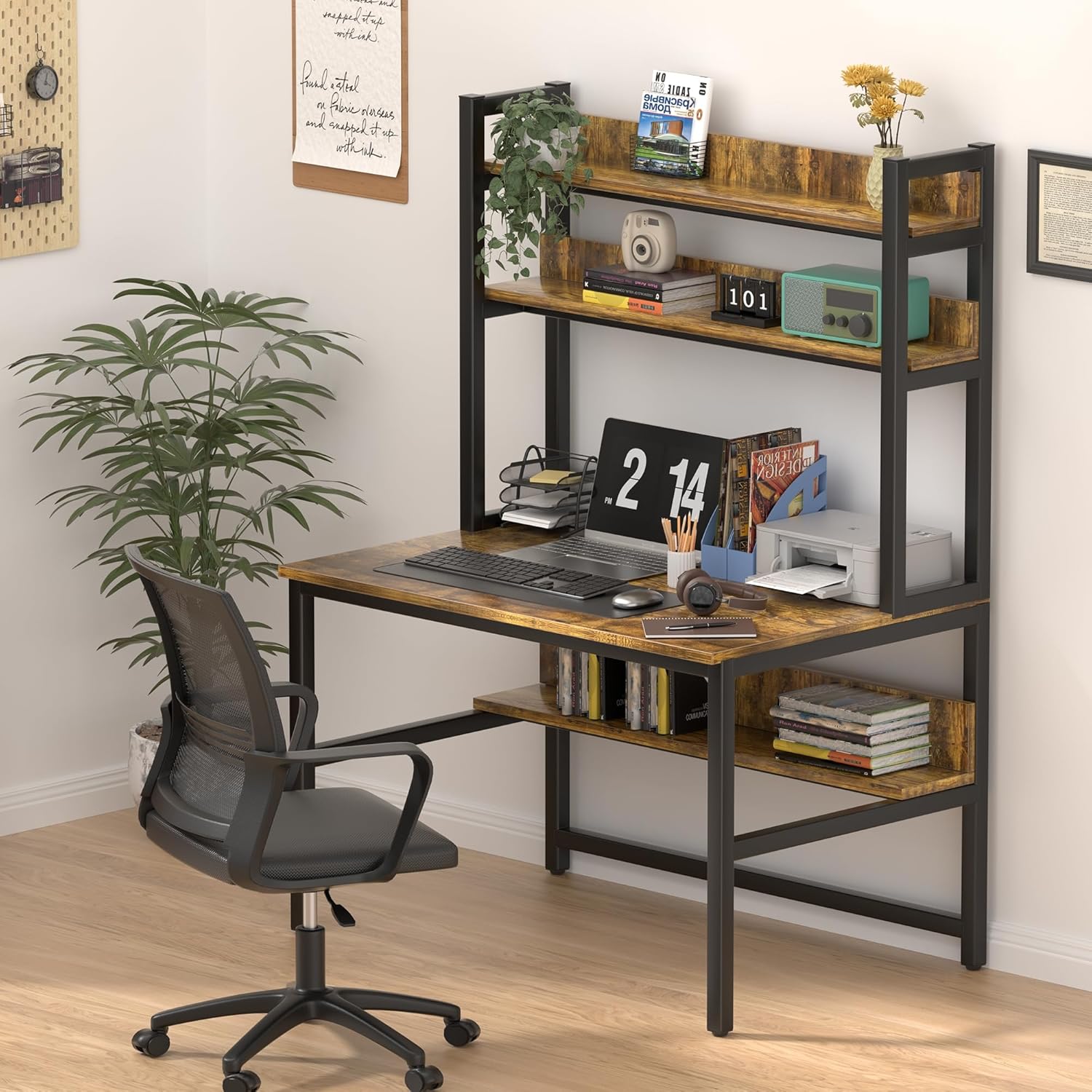 Aquzee Computer Desk with Shelves, 47" W x 23.6" D Gaming Desk with Hutch and Bookshelf