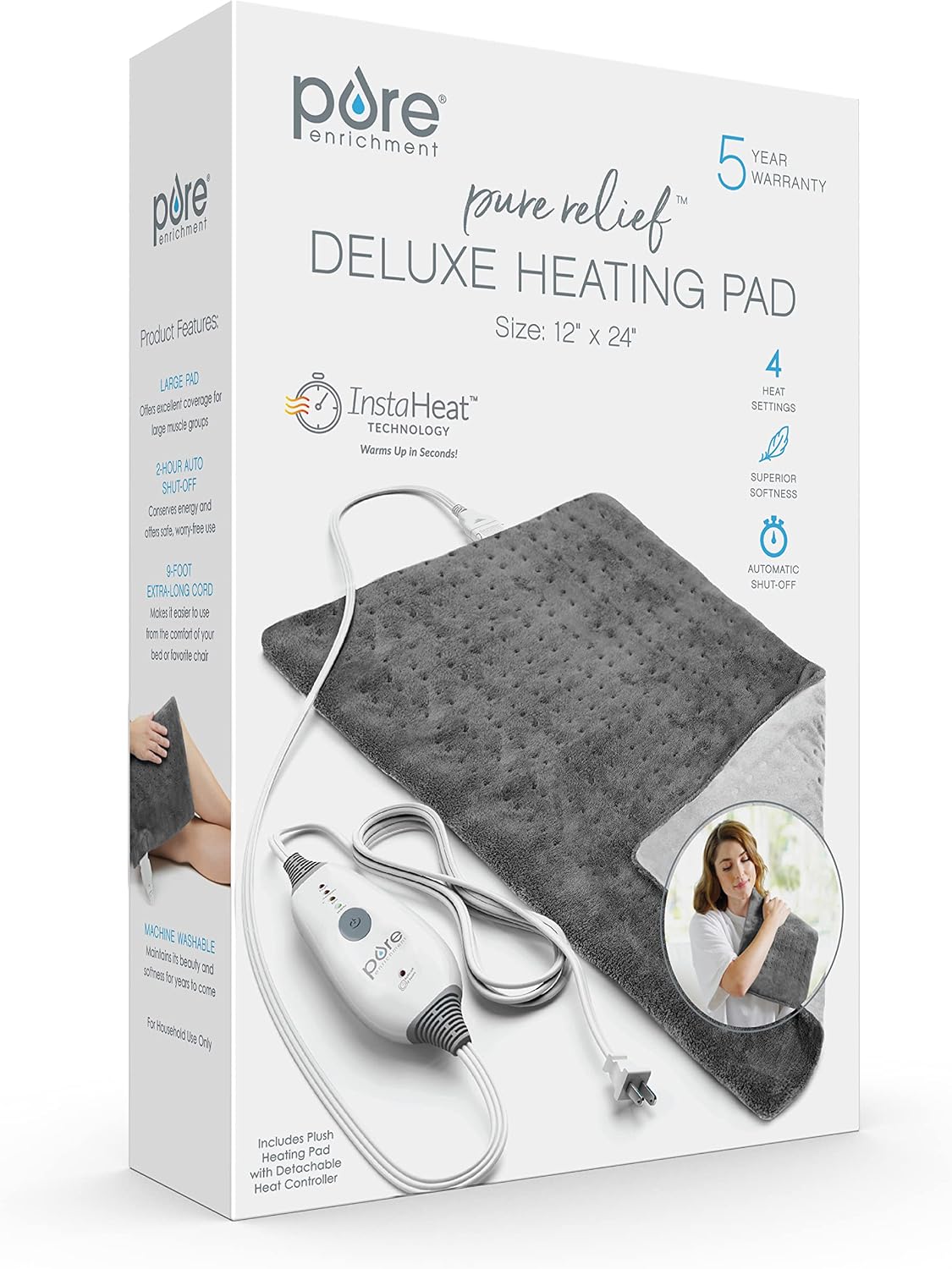 Pure Enrichment PureRelief Deluxe Heating Pad (12" x 24"), Full Body Therapy Pad with 4 InstaHeat Settings, Soft Machine-Washable Microplush Fabric and 2-Hour Auto Safety Shut-Off (Sea Glass)