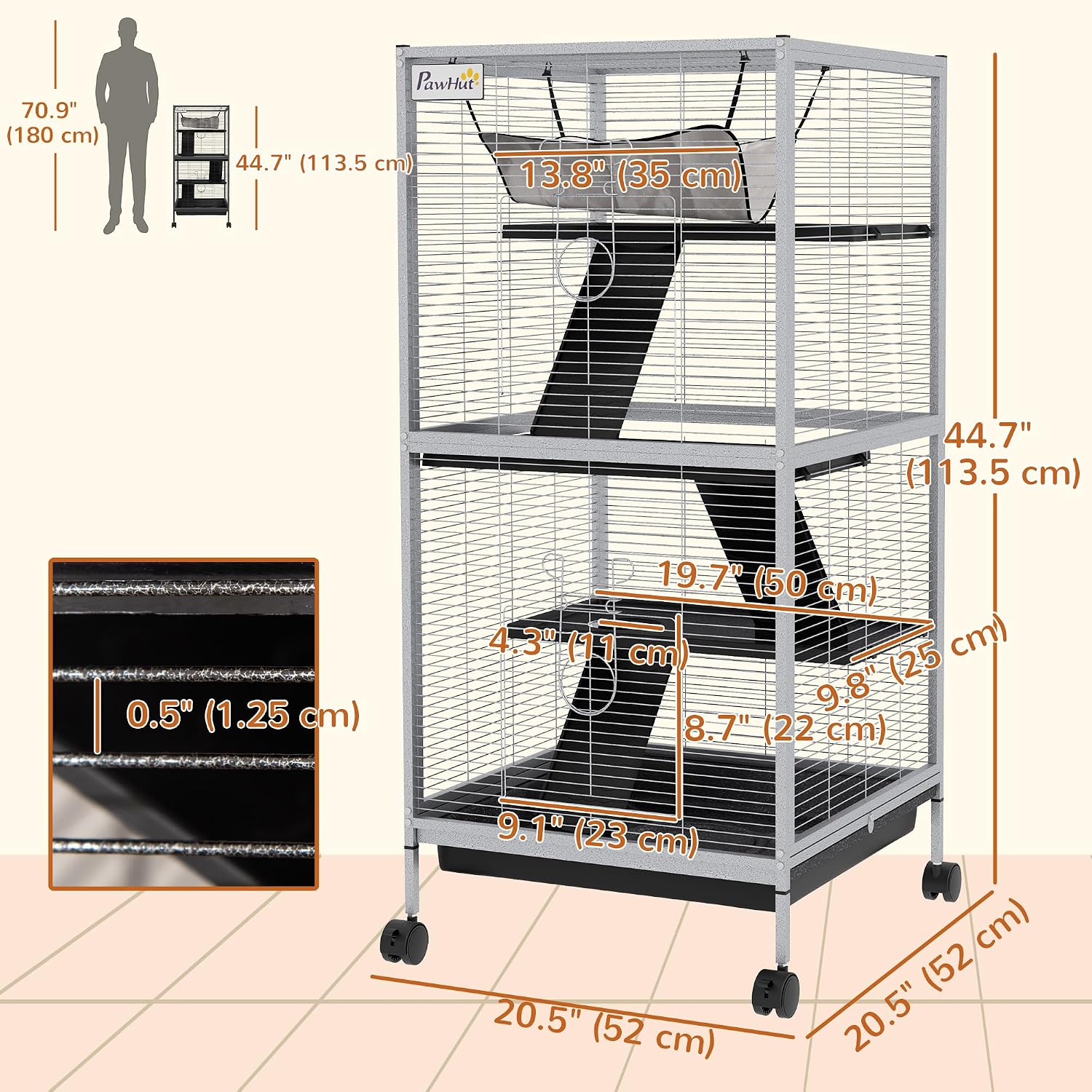 PawHut Metal Small Animal Cage, 4-Tiers Rolling Big Ferret Cage, Gray