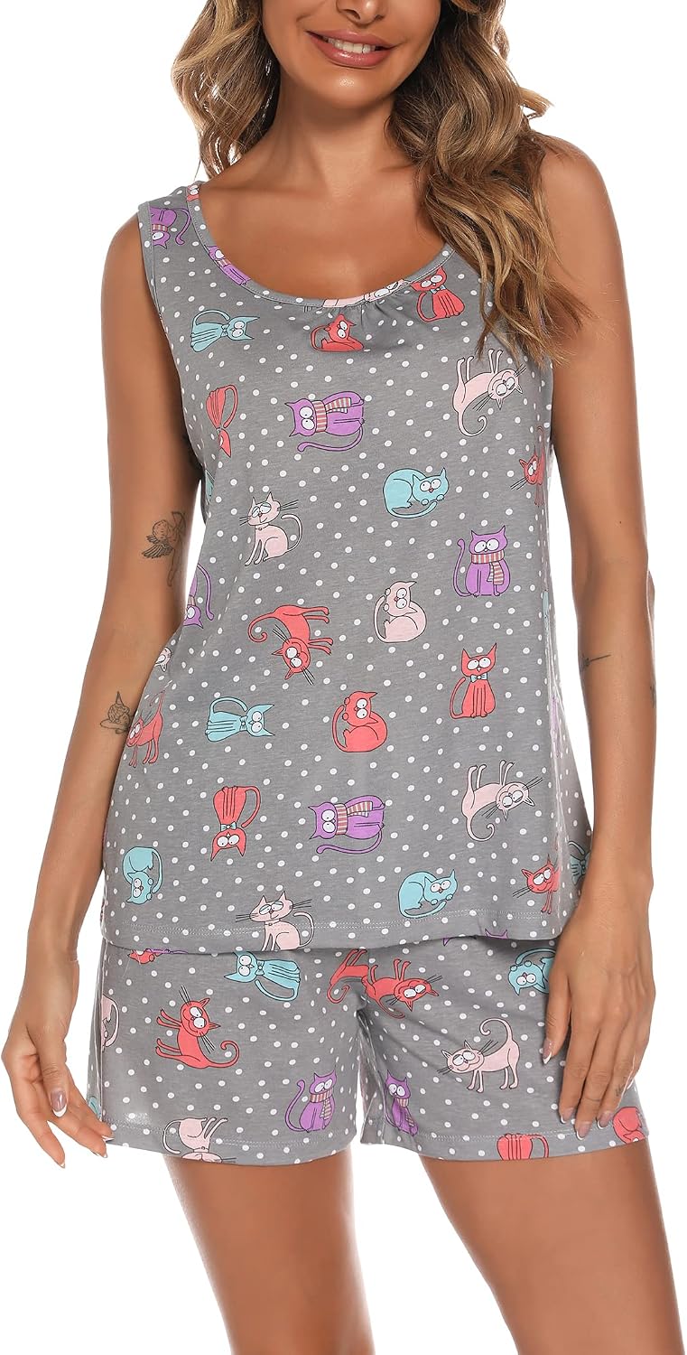 ENJOYNIGHT Womens Pajama Set Cotton Summer Sleep Tank and Shorts Pjs