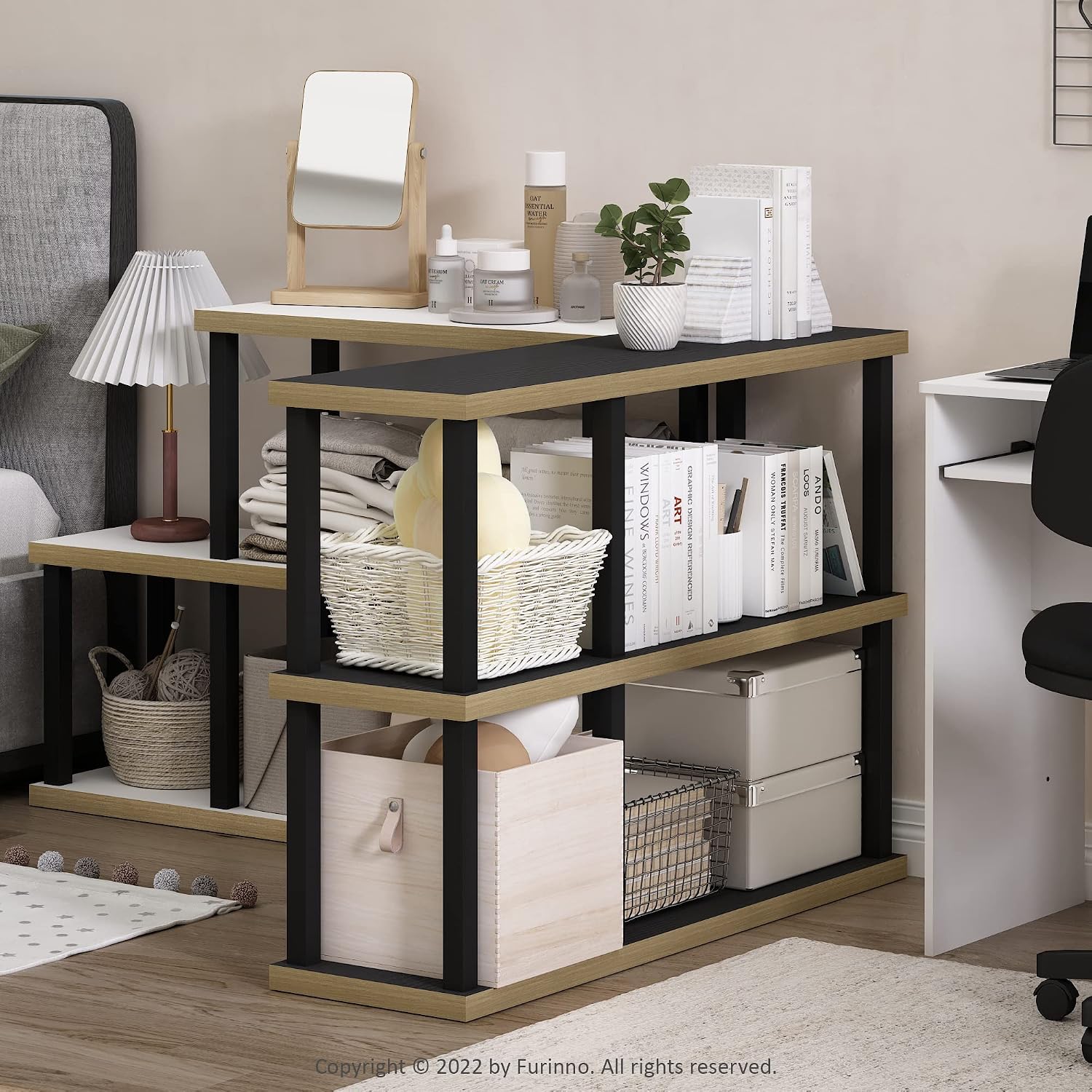 Furinno TURN-N-TUBE Storage Shelves, 3-Tier 47.4 Wide Book Shelf, Corner Shelf, Toolless Open Shelves, for Organization and Storage, Living Room, Garage, Home Office, Black
