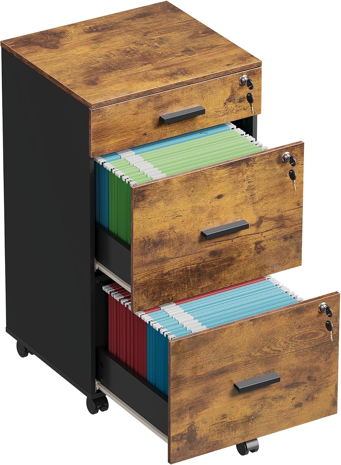 DEVAISE 3 Drawer File Cabinet with Lock & Wheels, Wood Printer Stand | Mobile Filing Cabinet Fits Letter/A4 Size; Rustic Brown Wood Printer Stand Keeps Home Office Files Secure And Organized