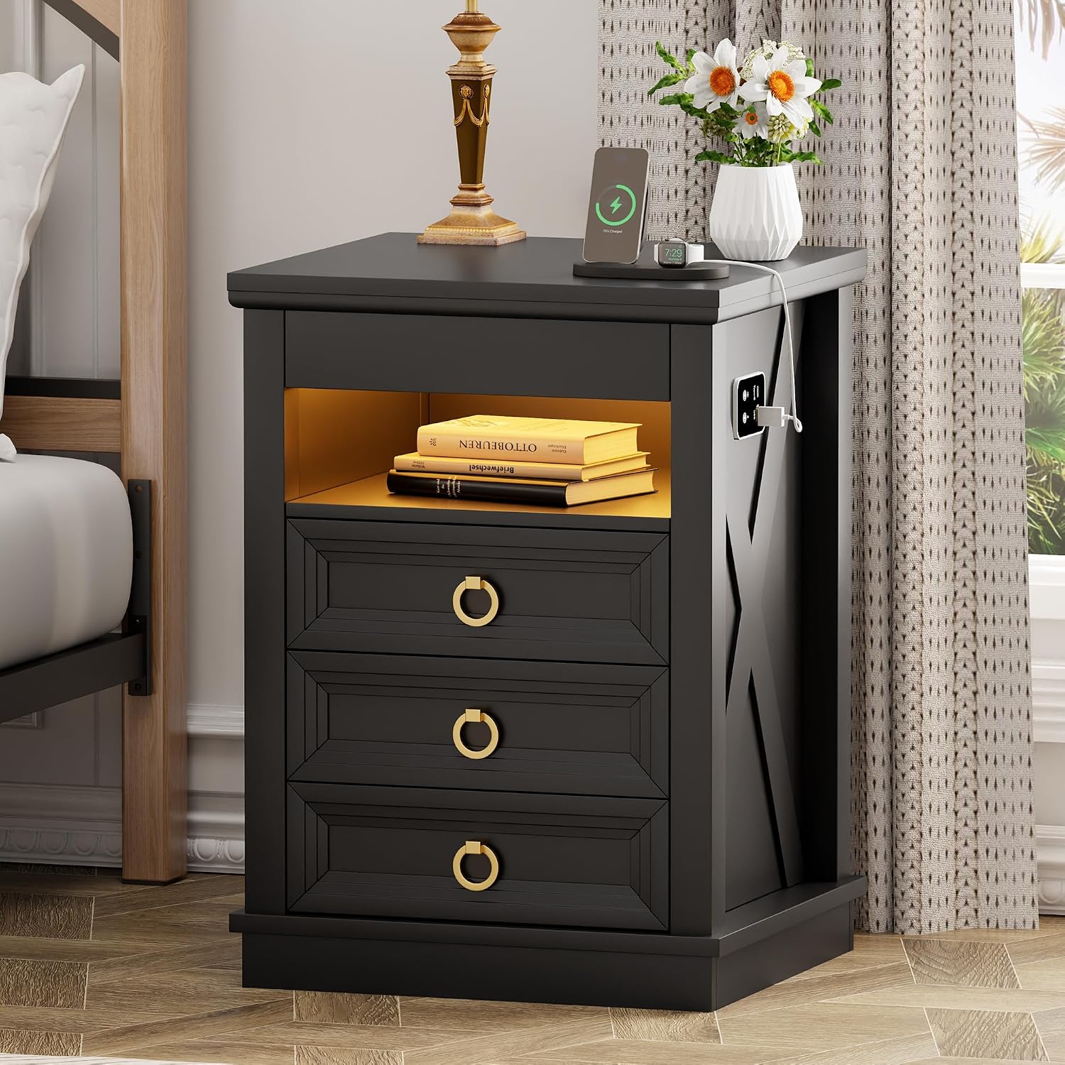 Farmhouse Nightstand with Lockable Hidden Drawer, Human Sensor LED Bedside Table with LED Lights & Charging Station, Rustic Wood Sofa Side End Table with 3 Drawers for Bedroom (Black)