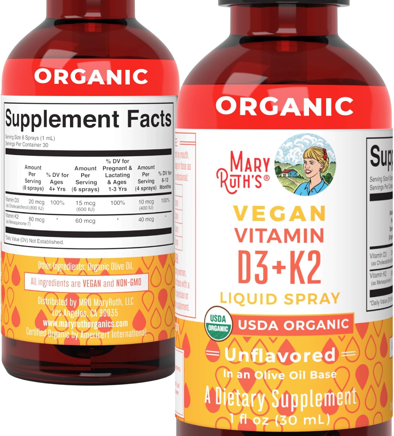 MaryRuth's Organic D3 + K2 Spray for Adults & Kids for Bone Health, 1 Fl Oz | Bone Health, Vitamin D3 as Cholecalciferol, Immunity, Mineral Absorption