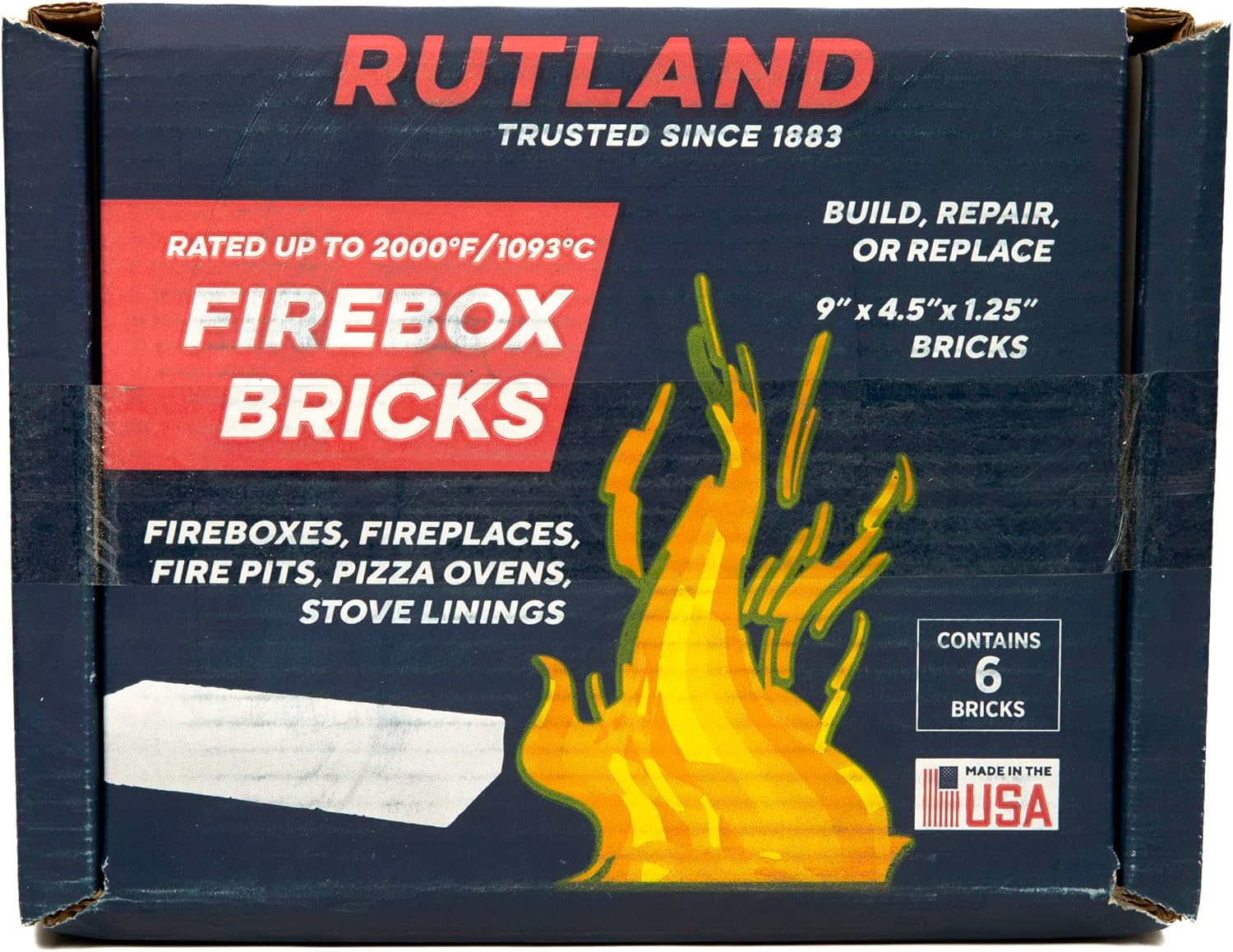 Rutland Fire Bricks, Properly Cured High Temperature FireBrick, USA-Made Residential Fire Clay Replacement for Wood Stove, Fireplace, & Pizza Oven, Size 9" x 4.5" x 1.25", 6-Pack, Tan