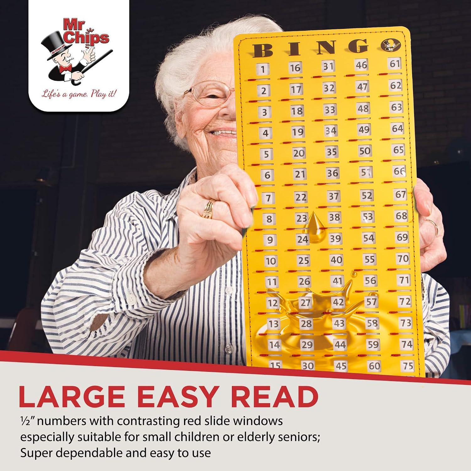 MR CHIPS Large 14.75" L x 6.75" W Jam-Proof Finger Tip Bingo Master Board Card with Large 3/4" Sliding Windows, Thick 5 Ply Cardboard, Gold Rush Style