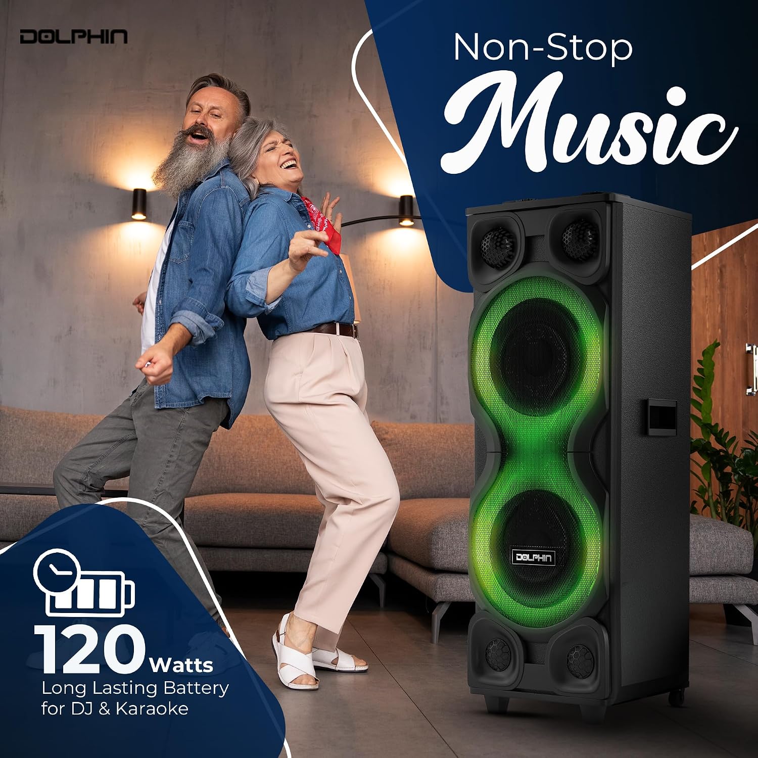 Dolphin Bluetooth Party Speaker with 2 Wireless Mics, Dual 12" Woofers | 120W Output, X-BASS, MDF Wood Cabinet, LED Infinity Lights, USB/TF/FM/AUX