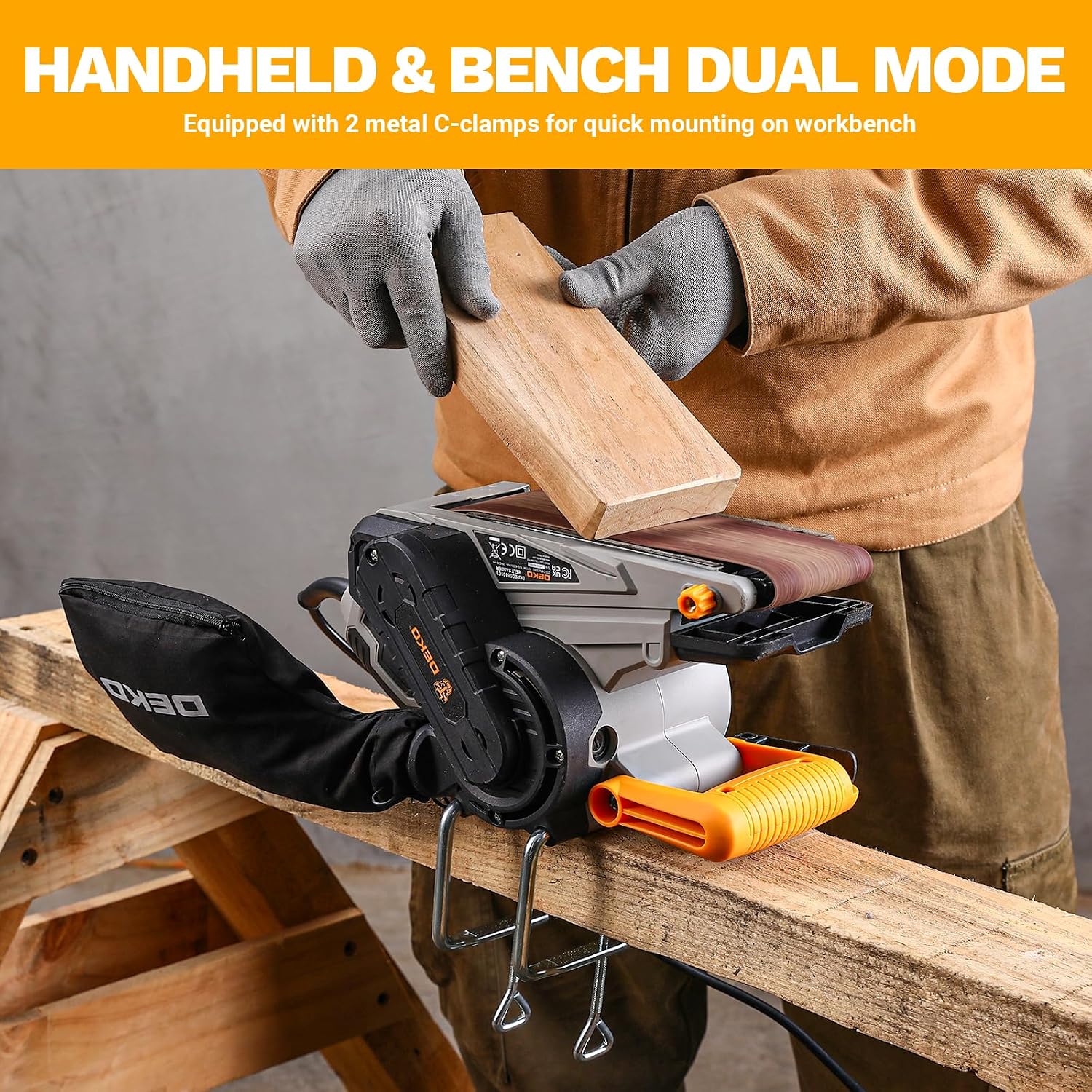 Belt Sander Corded: DEKOPRO 8.4A Belt Sander Handheld with Dust Bag & 2 Metal C Clamps