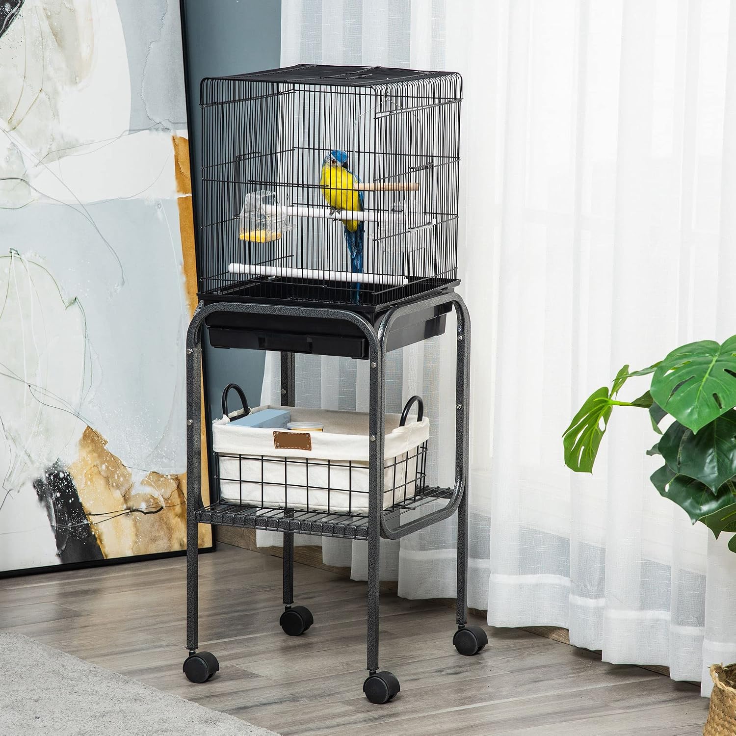 Pawhut 45-inch Metal Indoor Bird Cage, Parrot Cage, Bird Aviary with Detachable Rolling Stand, Storage Basket, and Accessories - Black | Parrot Cage