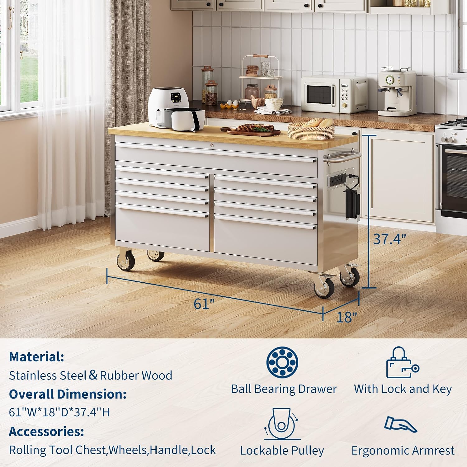 72" Heavy-Duty Rolling Tool Chest & Workbench with 15 Drawers, Steel Rubber Wood Top on Wheels, Key Locking System, Drawer Liners for Garage Warehouse Repair Shop, Black Storage Cabinet.